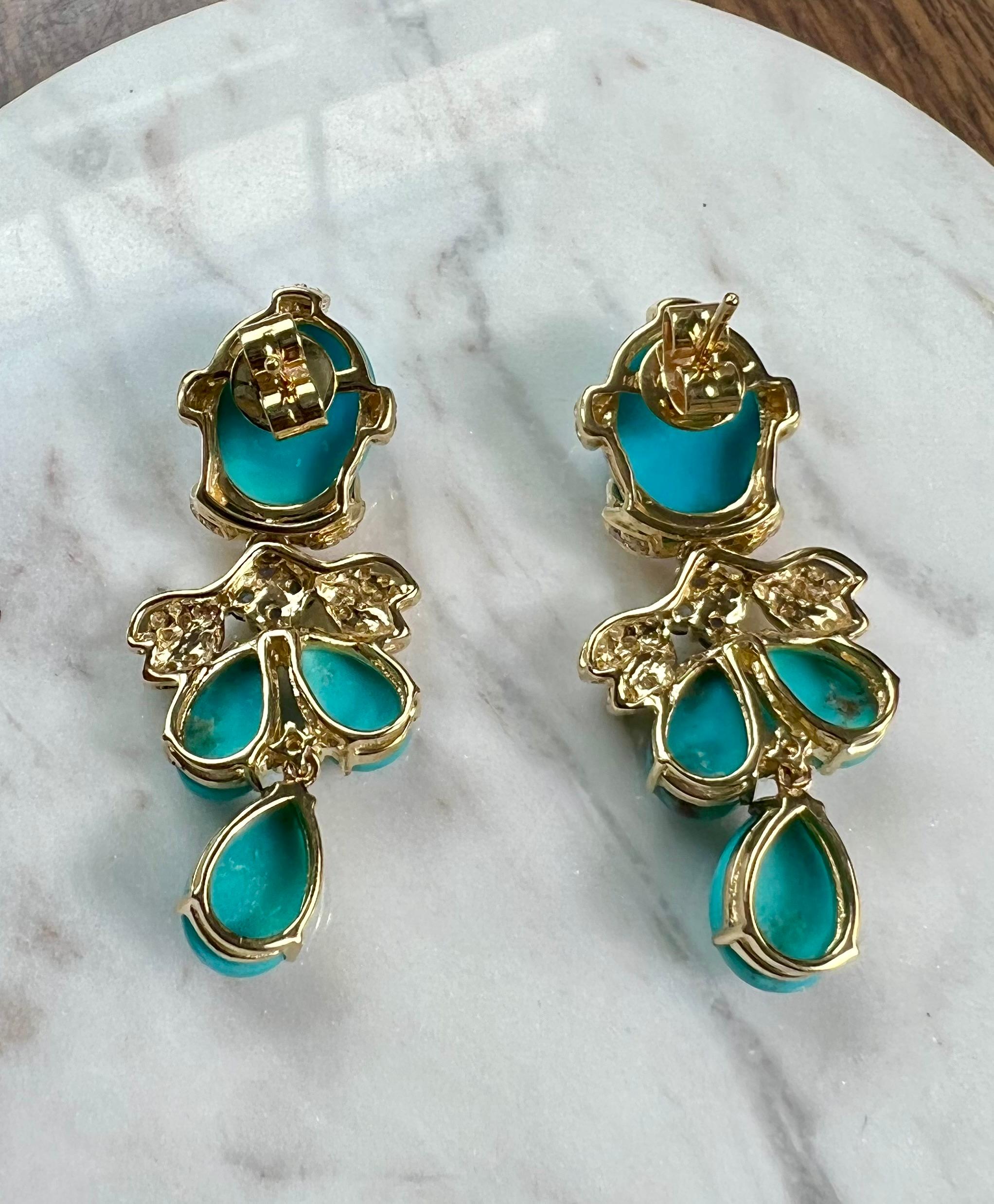 Modern Persian Turquoise, Sapphire and Diamond Earrings in 18 Karat Gold, 1980s