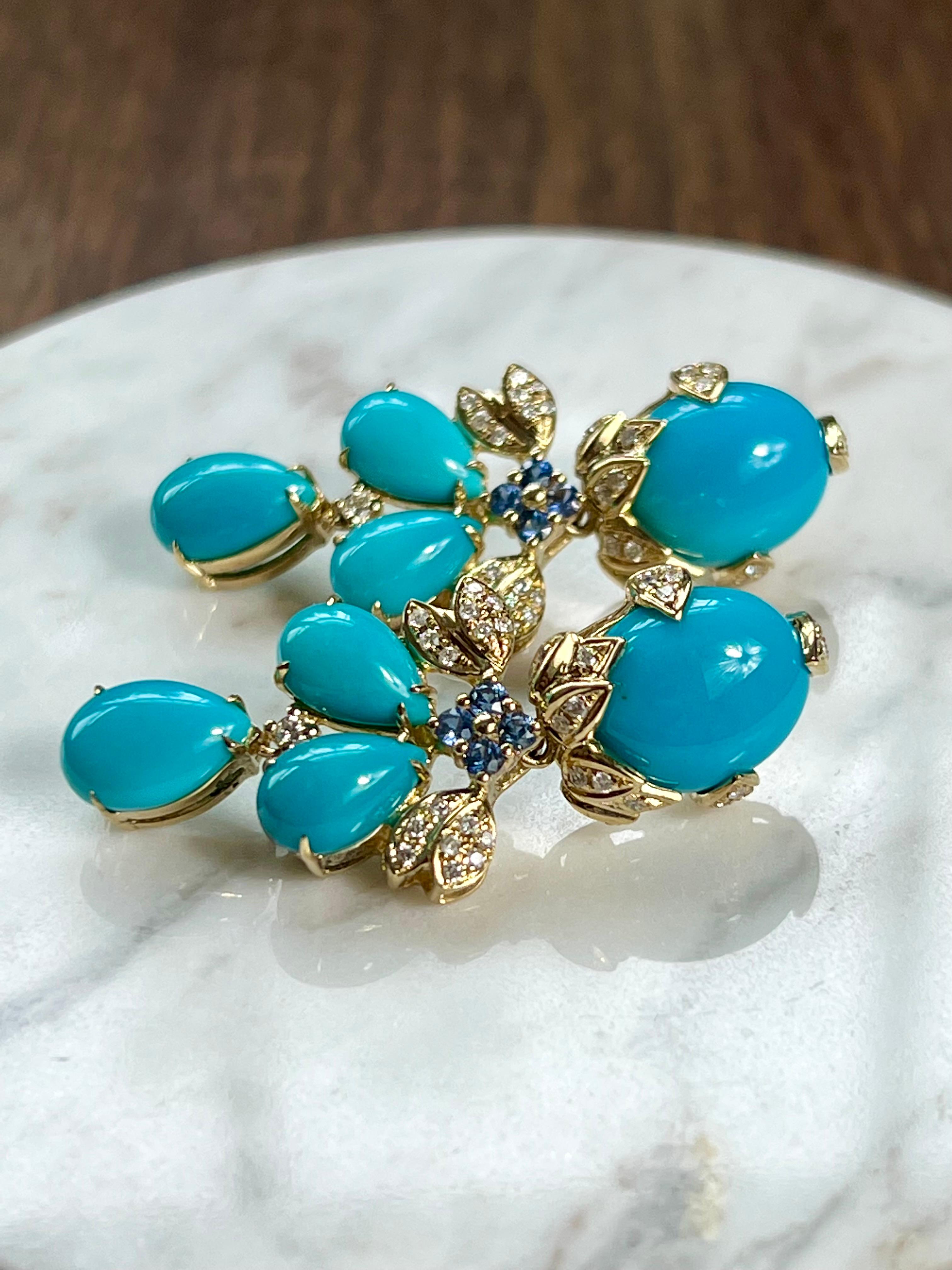 Round Cut Persian Turquoise, Sapphire and Diamond Earrings in 18 Karat Gold, 1980s