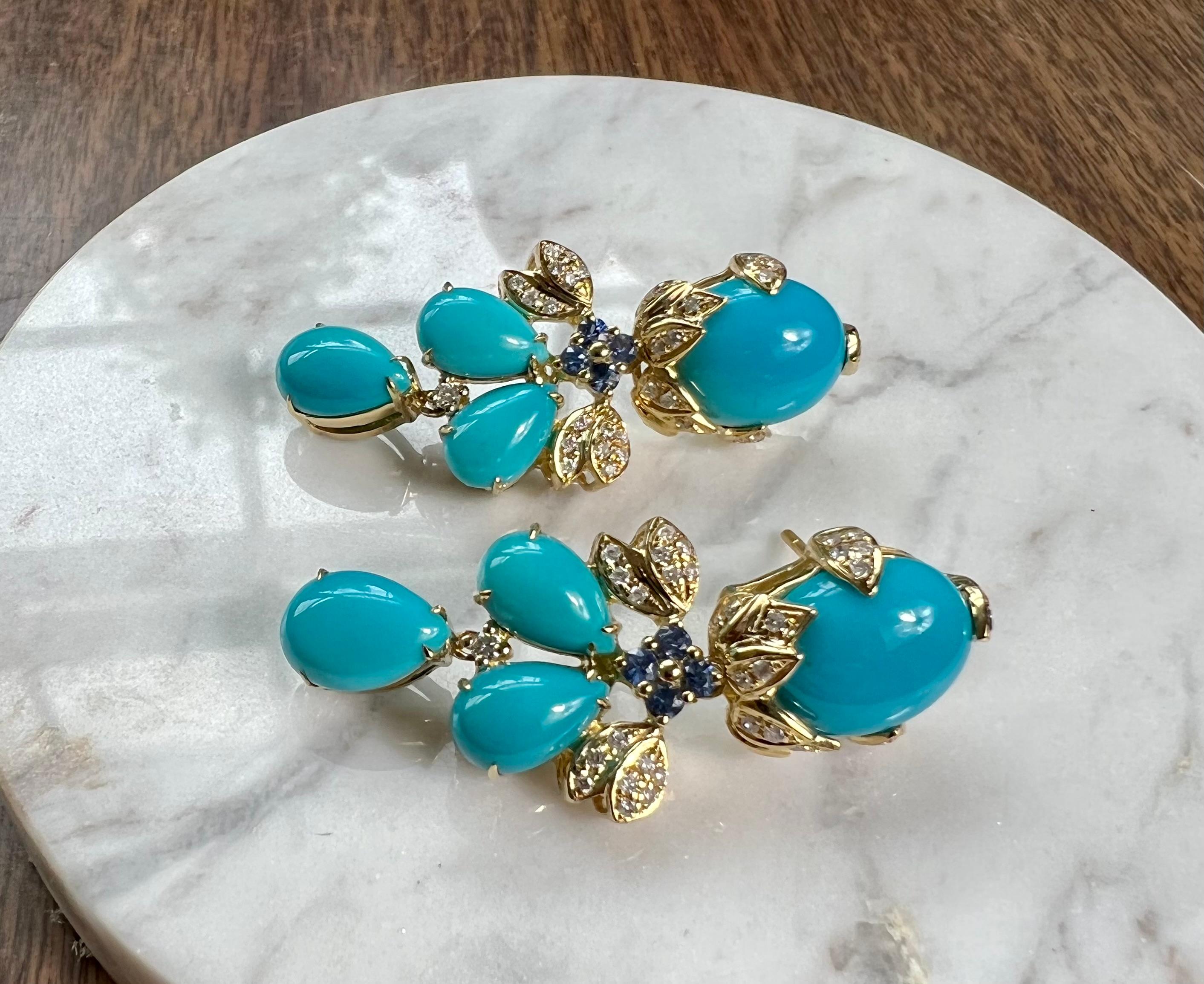 Persian Turquoise, Sapphire and Diamond Earrings in 18 Karat Gold, 1980s In Good Condition In Towson, MD