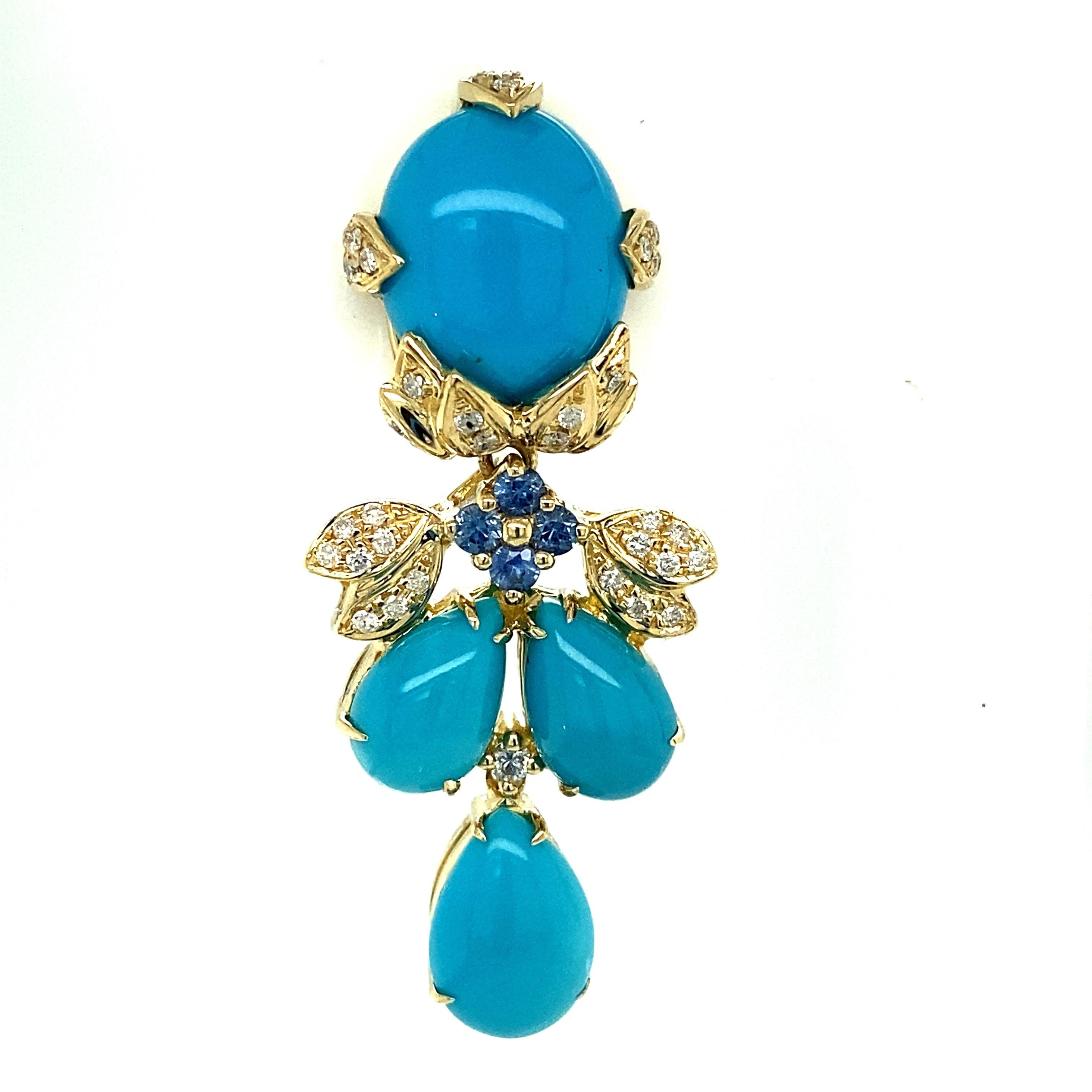 Women's or Men's Persian Turquoise, Sapphire and Diamond Earrings in 18 Karat Gold, 1980s