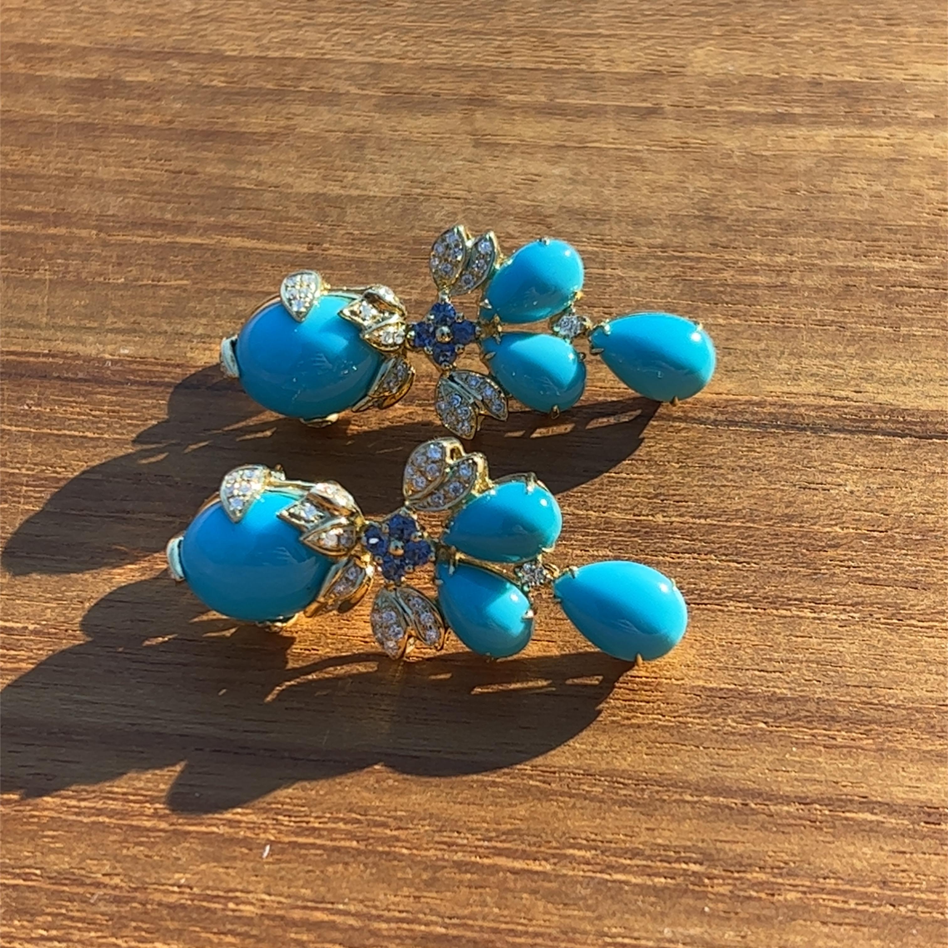 Persian Turquoise, Sapphire and Diamond Earrings in 18 Karat Gold, 1980s 1