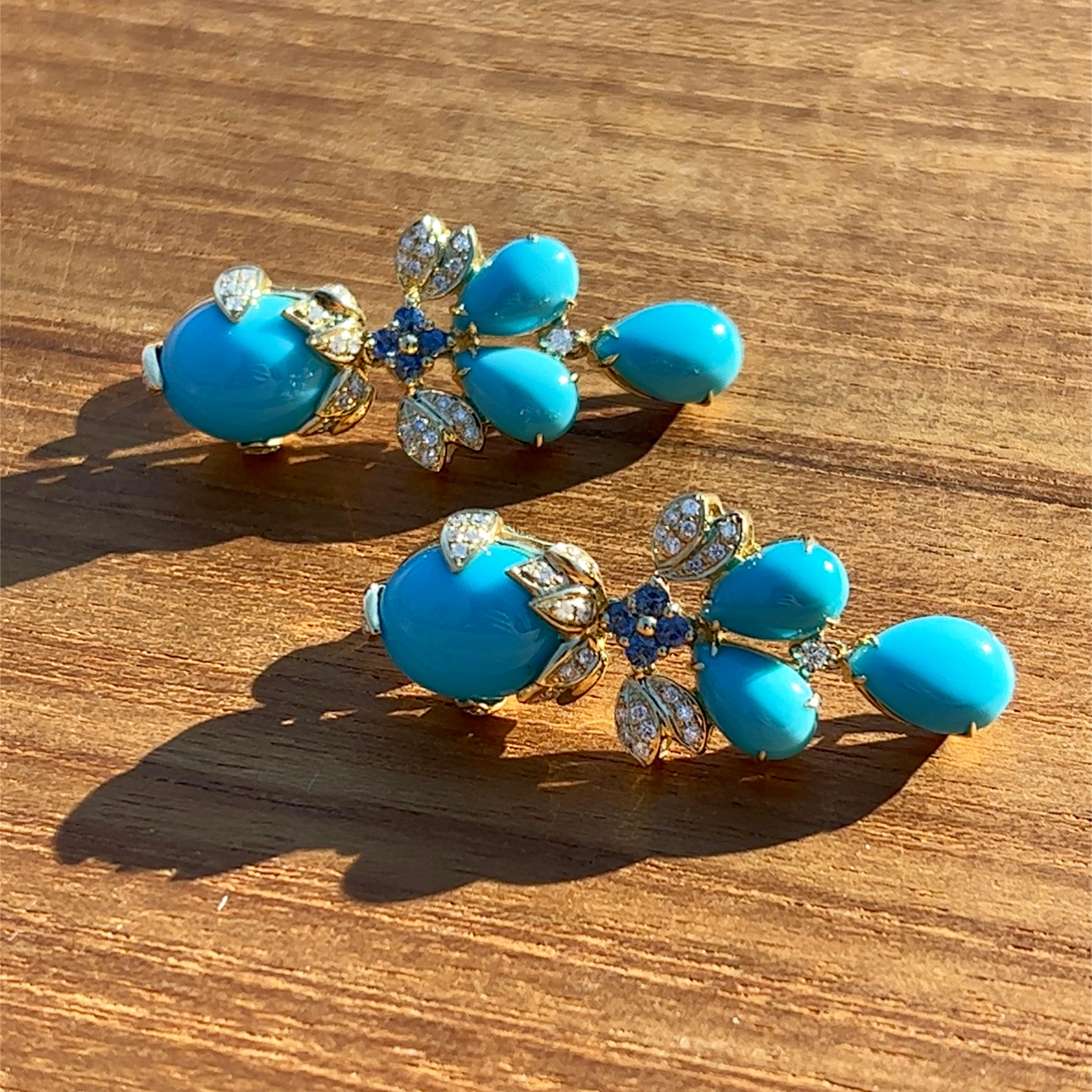 Persian Turquoise, Sapphire and Diamond Earrings in 18 Karat Gold, 1980s 2