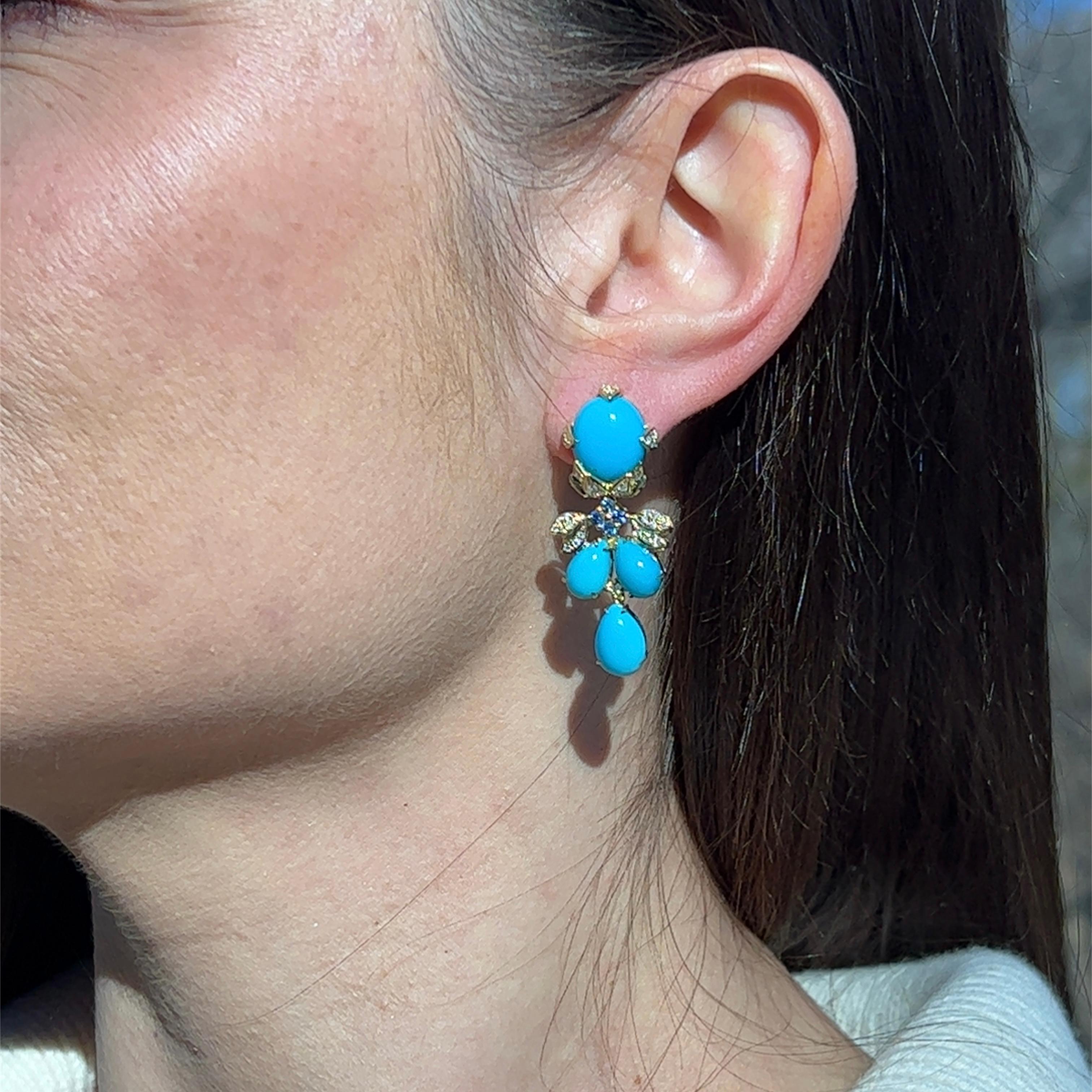 Persian Turquoise, Sapphire and Diamond Earrings in 18 Karat Gold, 1980s 3
