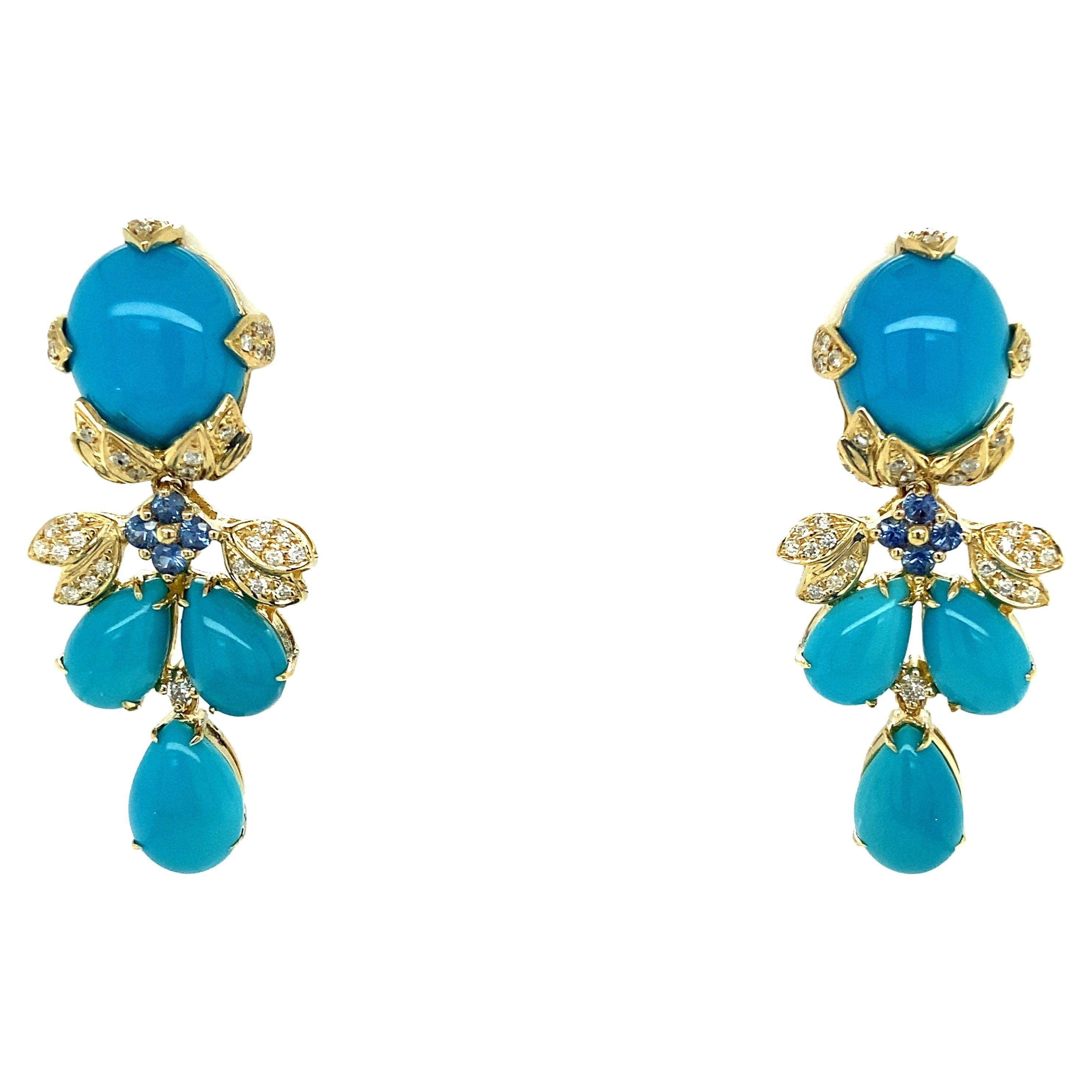 Persian Turquoise, Sapphire and Diamond Earrings in 18 Karat Gold, 1980s