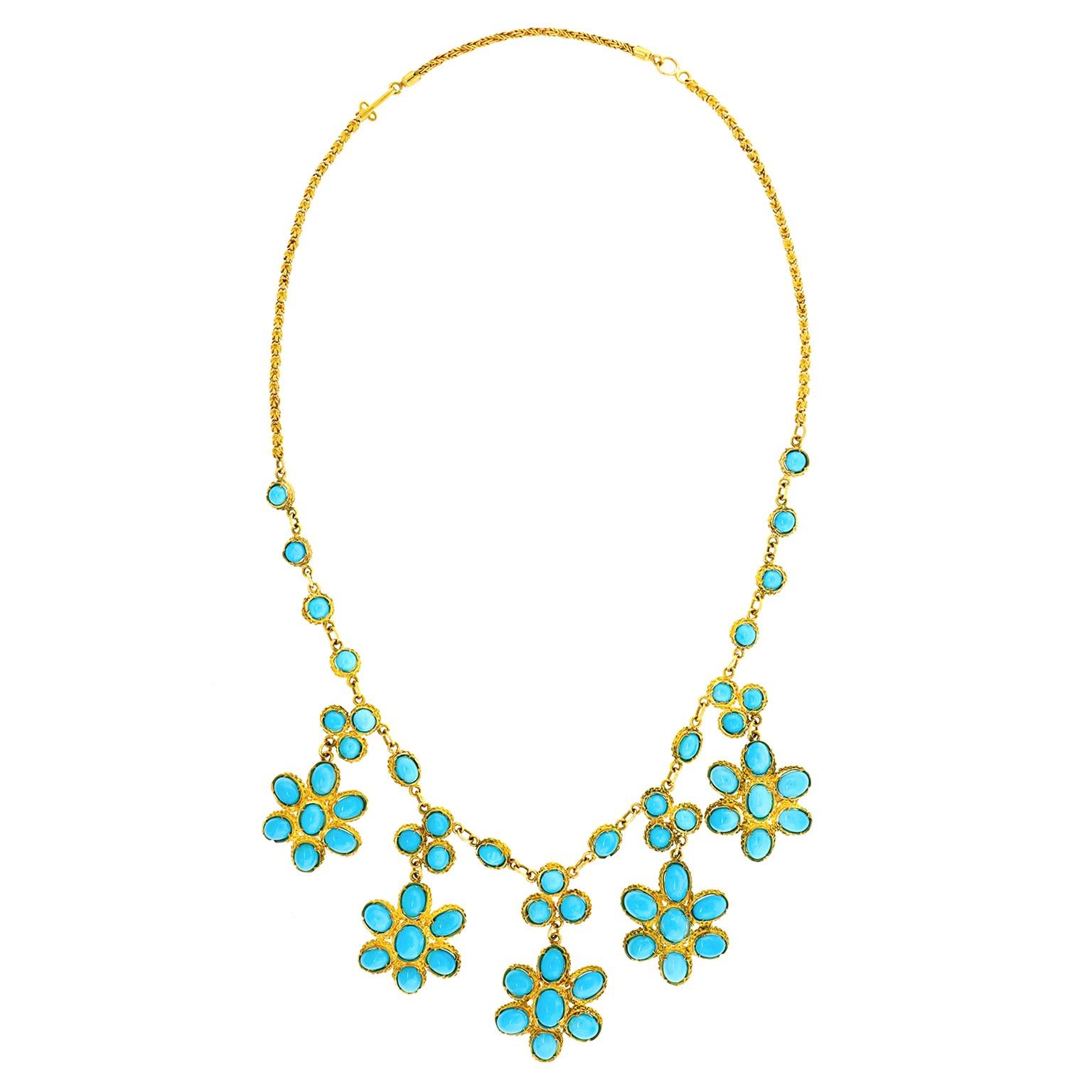 Cabochon Persian Turquoise-set Gold Sixties Necklace For Sale
