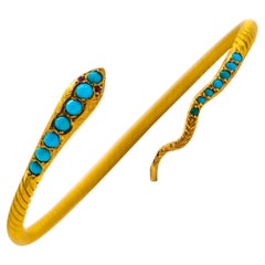 Antique Persian Turquoise Snake Bracelet with Ruby Eyes 22 Karat Gold, French, 1900s