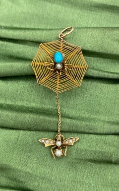 Persian Turquoise Spider and Fly Insect Bug Pendant Necklace Antique Victorian