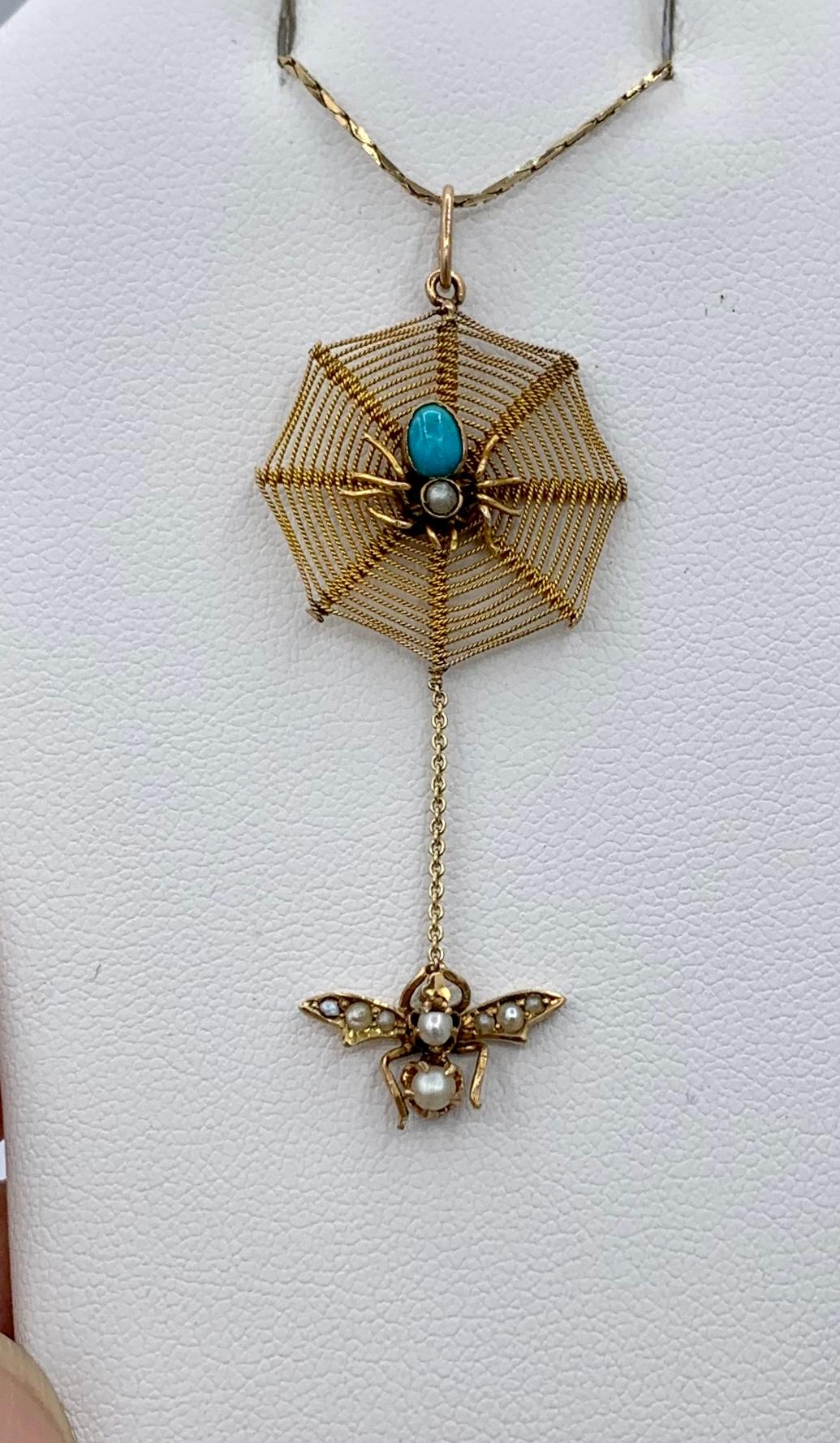 Cabochon Persian Turquoise Spider and Fly Insect Bug Pendant Necklace Antique Victorian For Sale