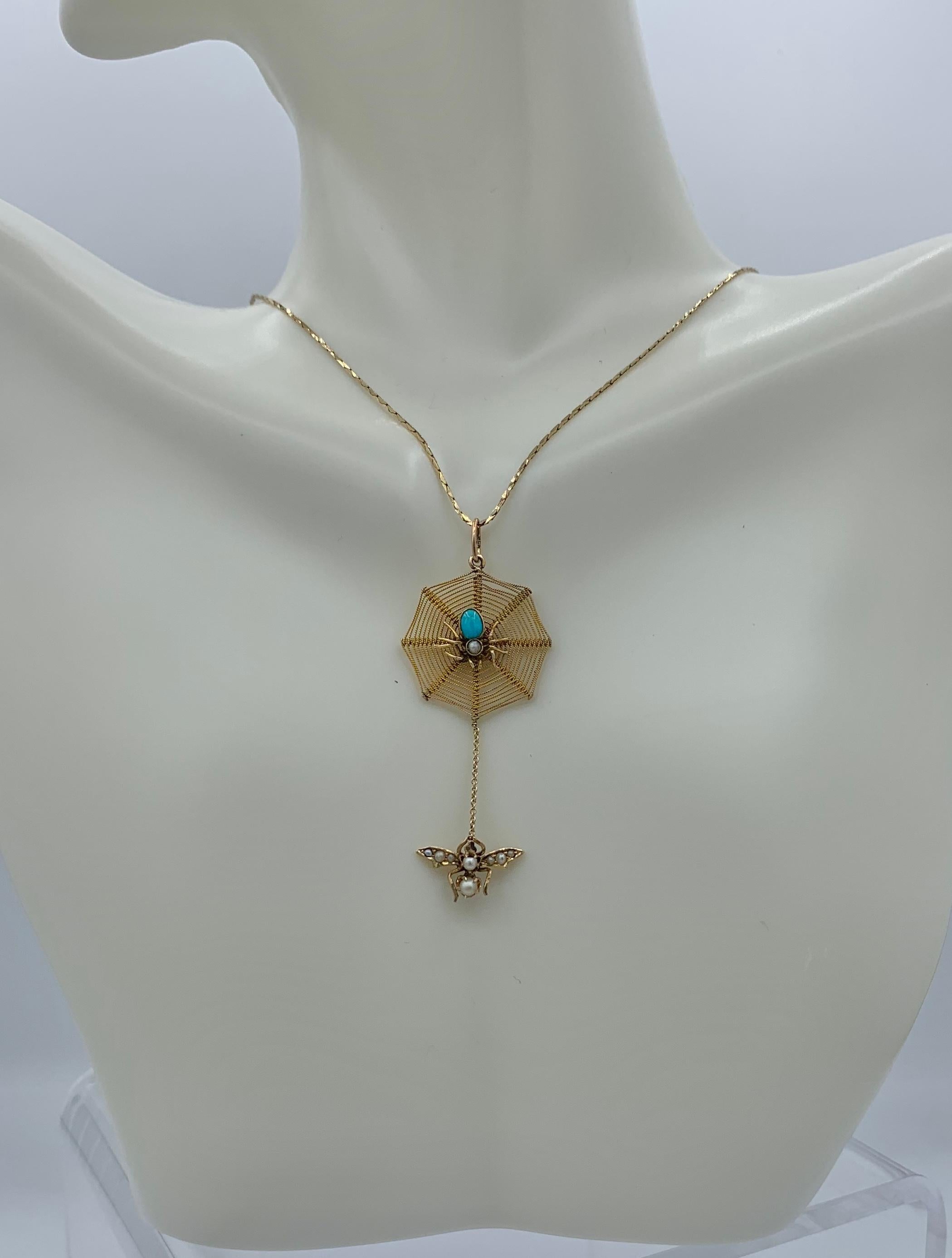 Persian Turquoise Spider and Fly Insect Bug Pendant Necklace Antique Victorian In Excellent Condition For Sale In New York, NY