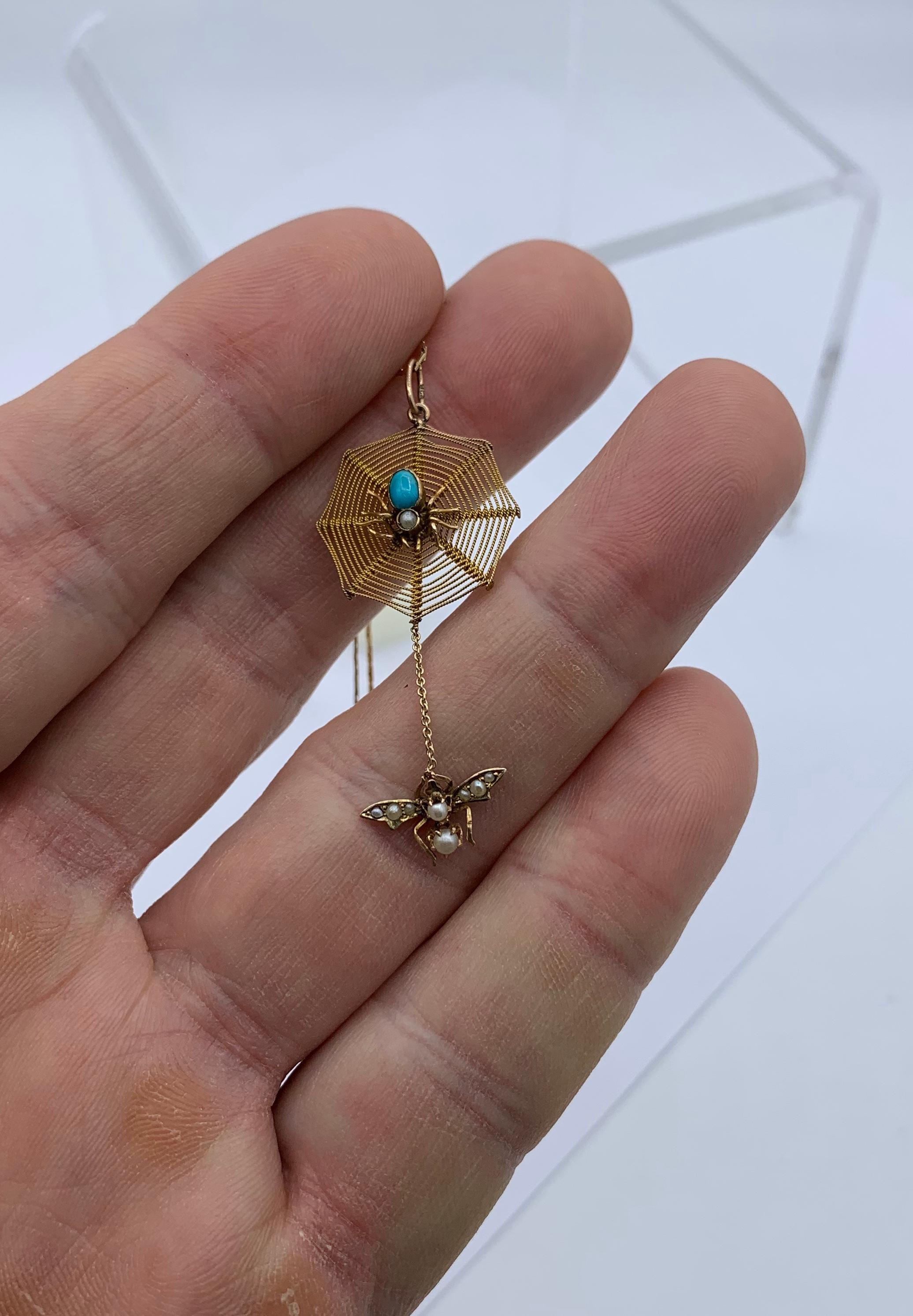 Women's or Men's Persian Turquoise Spider and Fly Insect Bug Pendant Necklace Antique Victorian For Sale