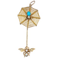 Persian Turquoise Spider and Fly Insect Bug Pendant Necklace Antique Victorian