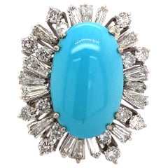 Persian Turquoise with Diamonds Vintage Ring 18 Karat White Gold