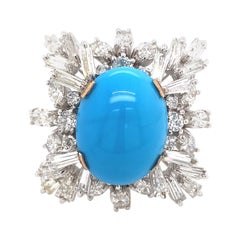 Persian Turquoise with Diamonds Vintage Ring 18 Karat White Gold