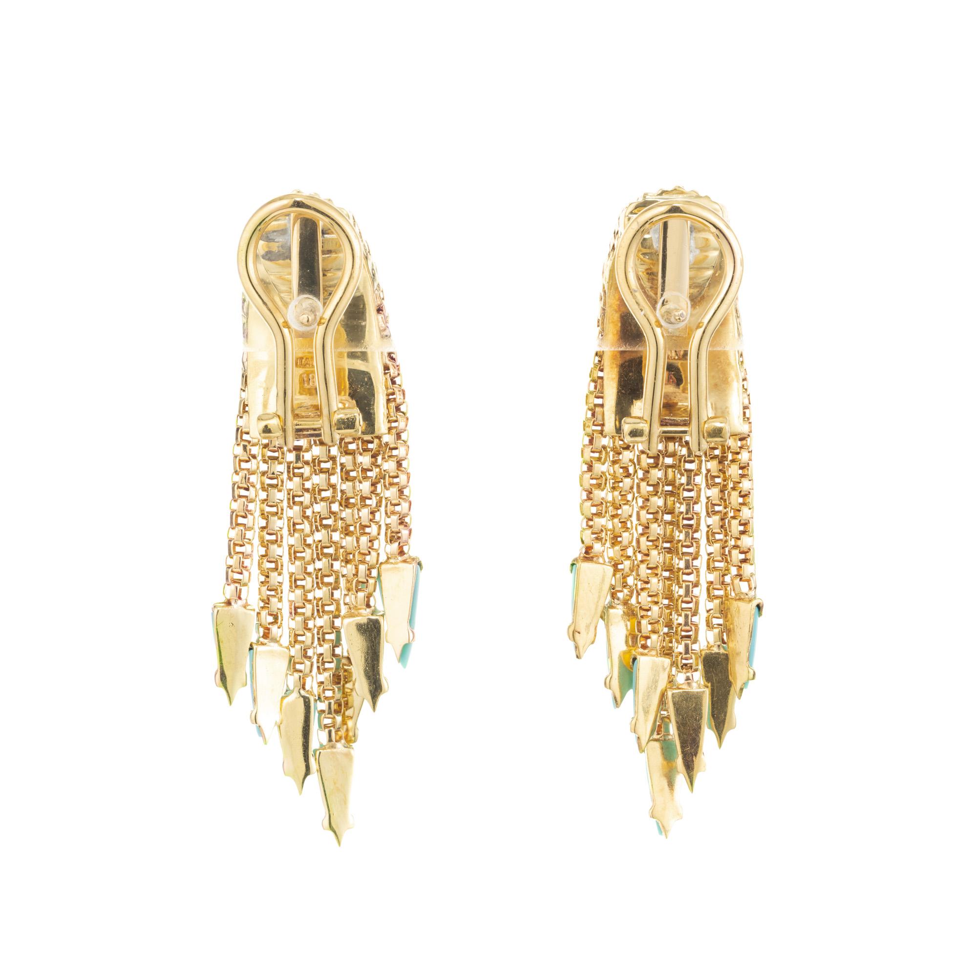 Taille ronde Boucles d'oreilles pendantes Cascade en or jaune avec turquoise persane en vente
