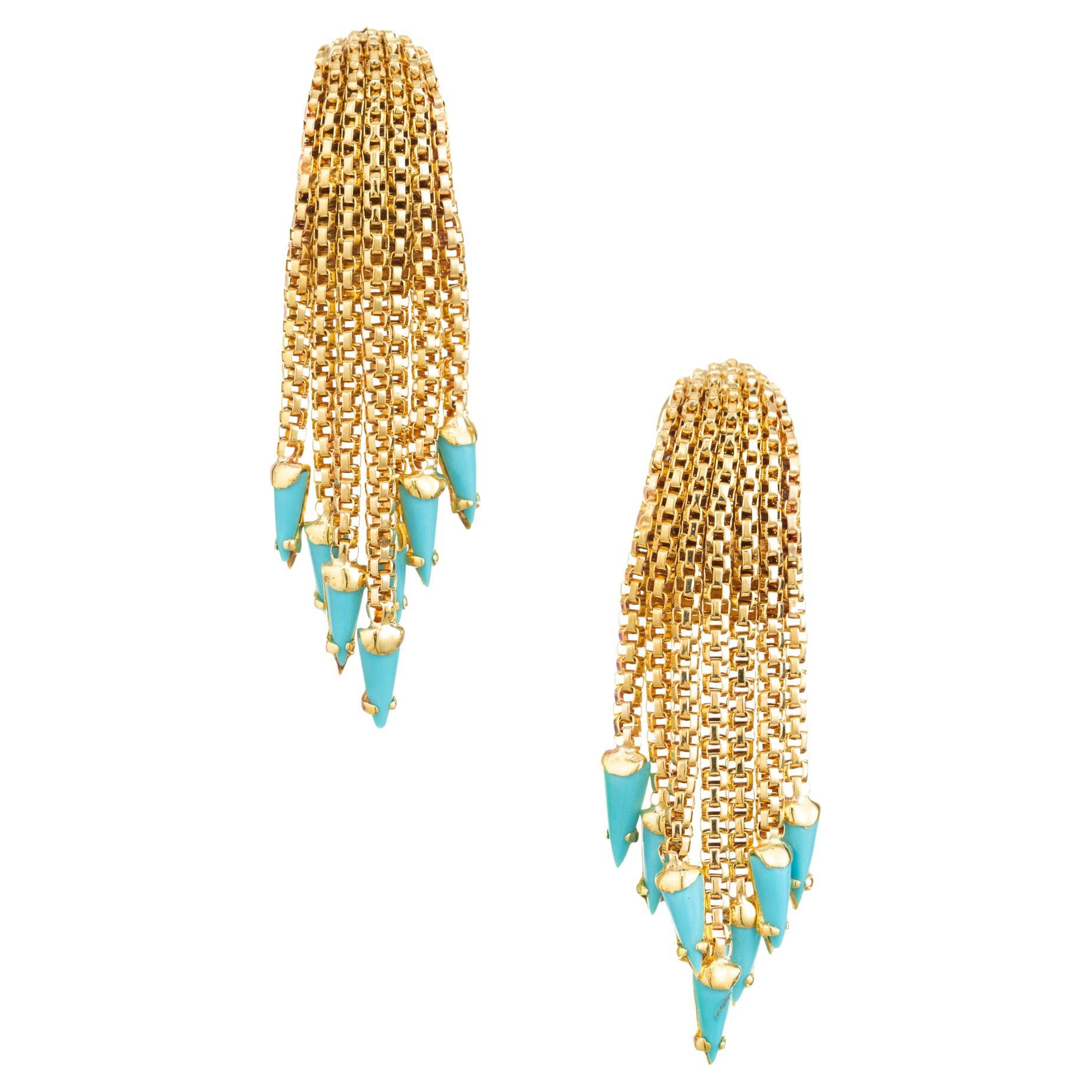 Persian Turquoise Yellow Gold Cascade Tassel Dangle Earrings For Sale