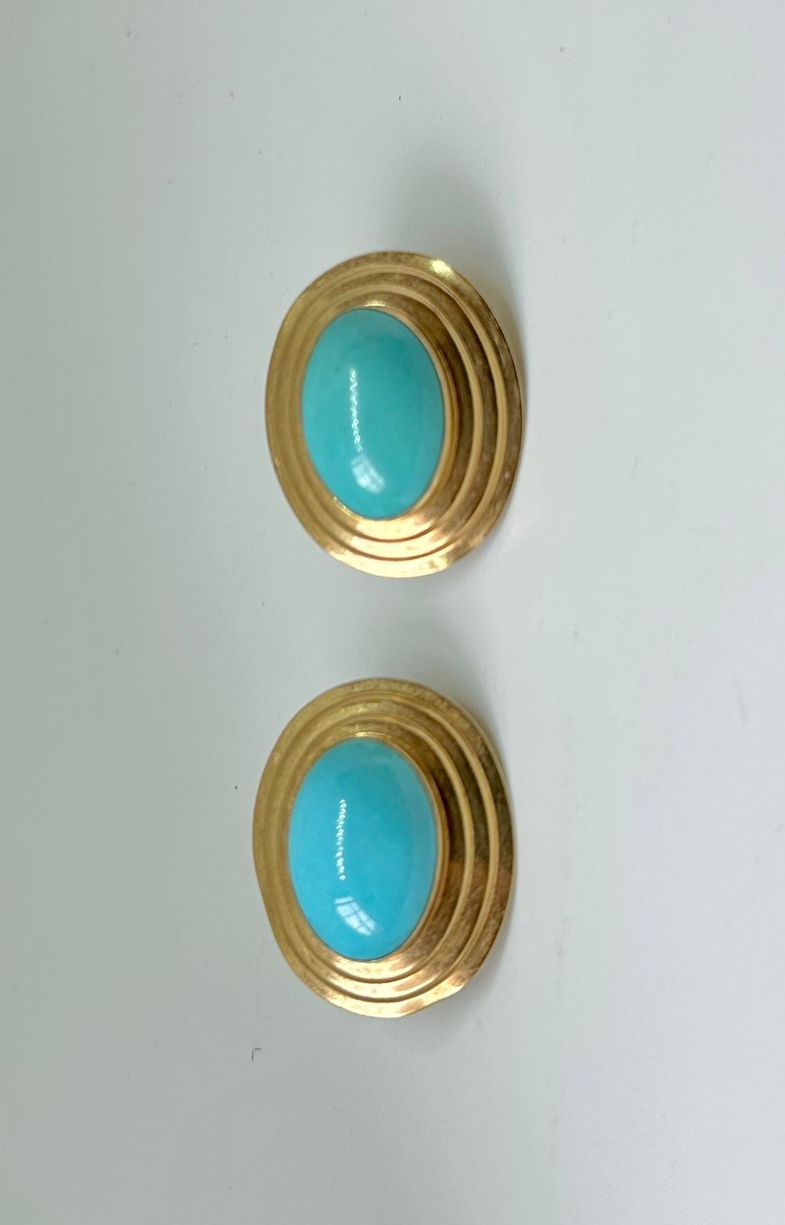 Bead Persian Turquoise Yellow Gold Earrings 14 Karat Gold Antique Retro 1.1 Inches For Sale
