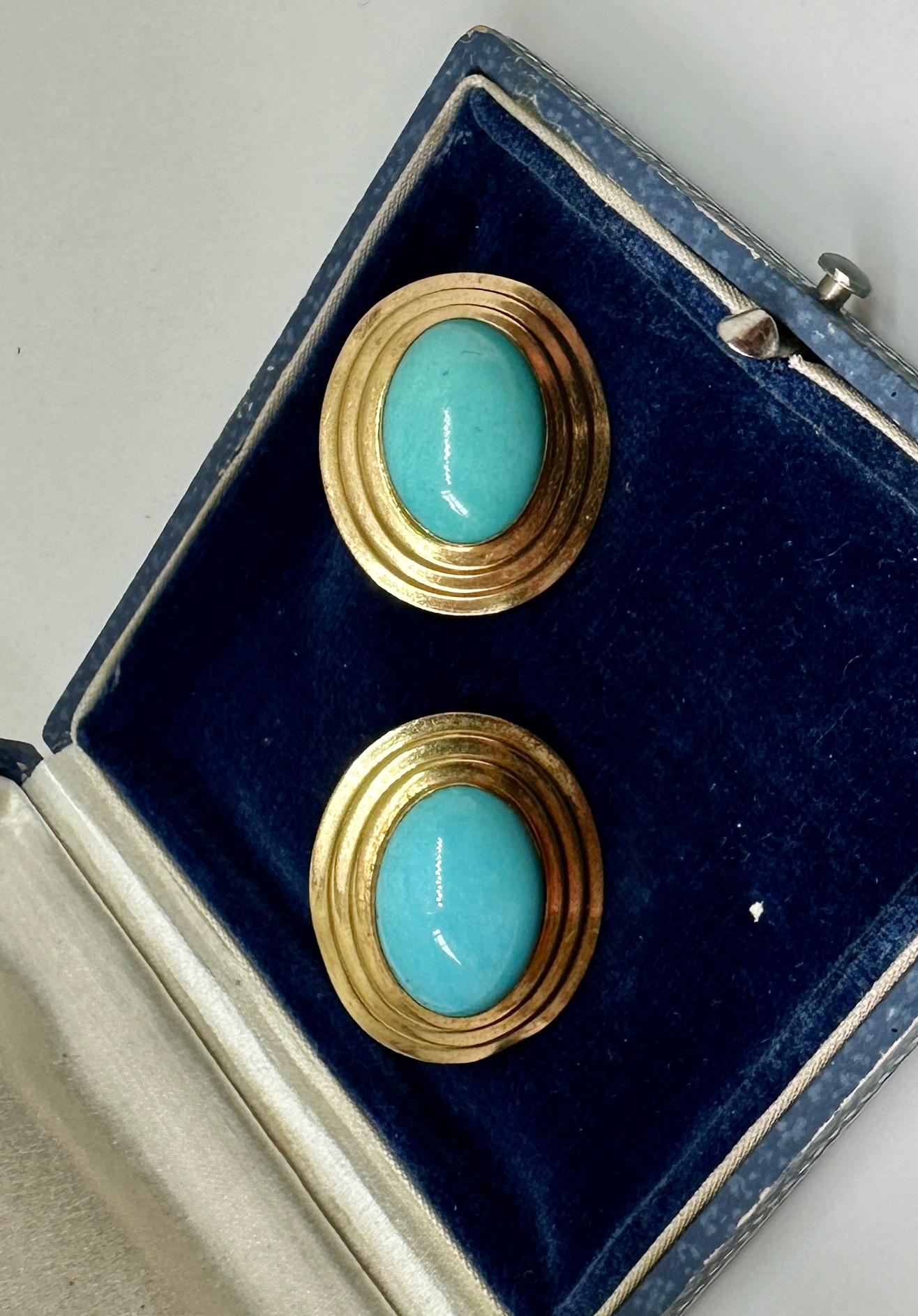 Persian Turquoise Yellow Gold Earrings 14 Karat Gold Antique Retro 1.1 Inches In Excellent Condition For Sale In New York, NY