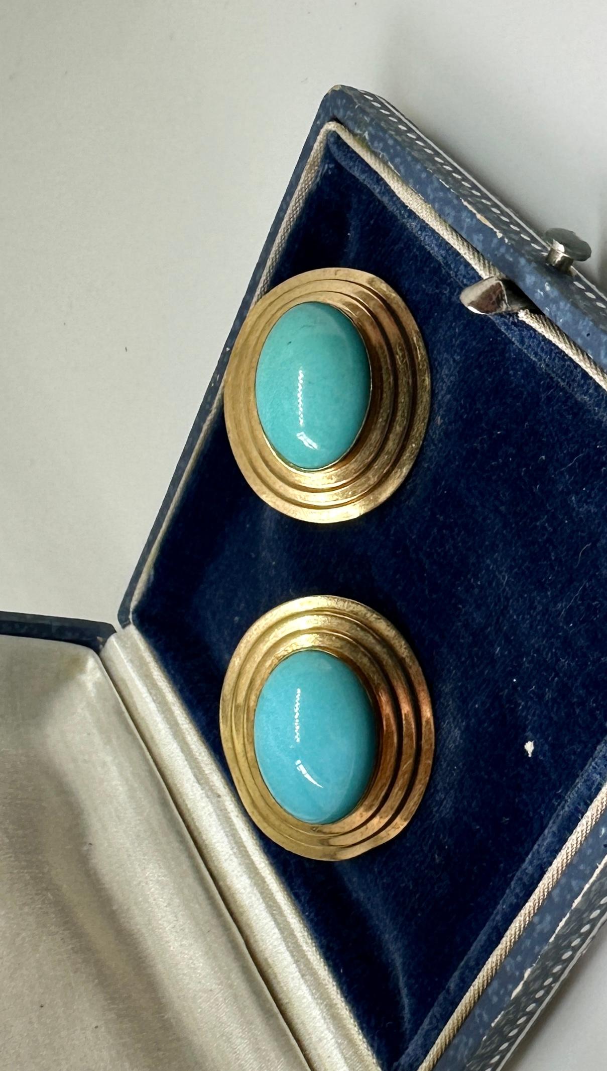 Women's Persian Turquoise Yellow Gold Earrings 14 Karat Gold Antique Retro 1.1 Inches For Sale