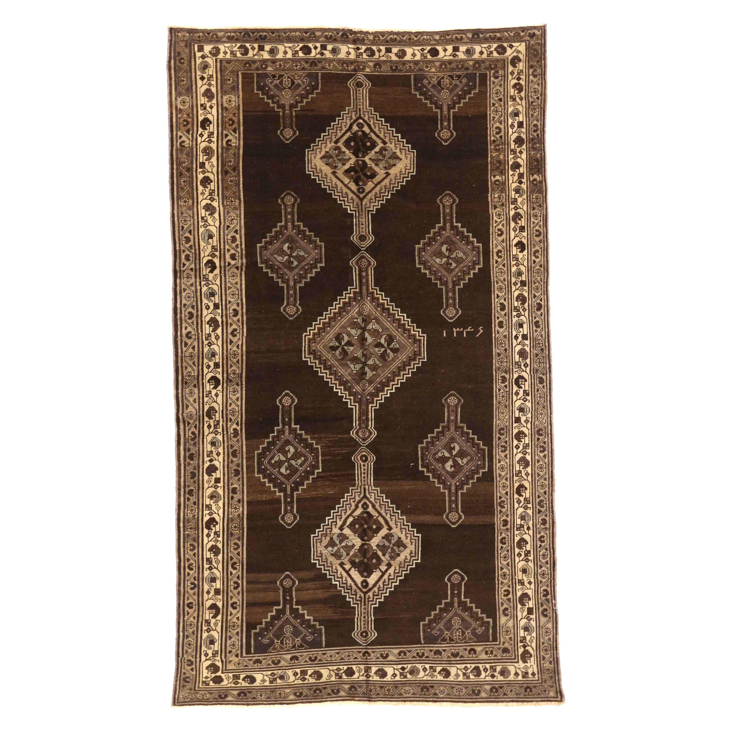 Persischer Varamin Kleinteppich CIRCA 1910 - Wolle Braun Elfenbein Taupe 74128 im Angebot