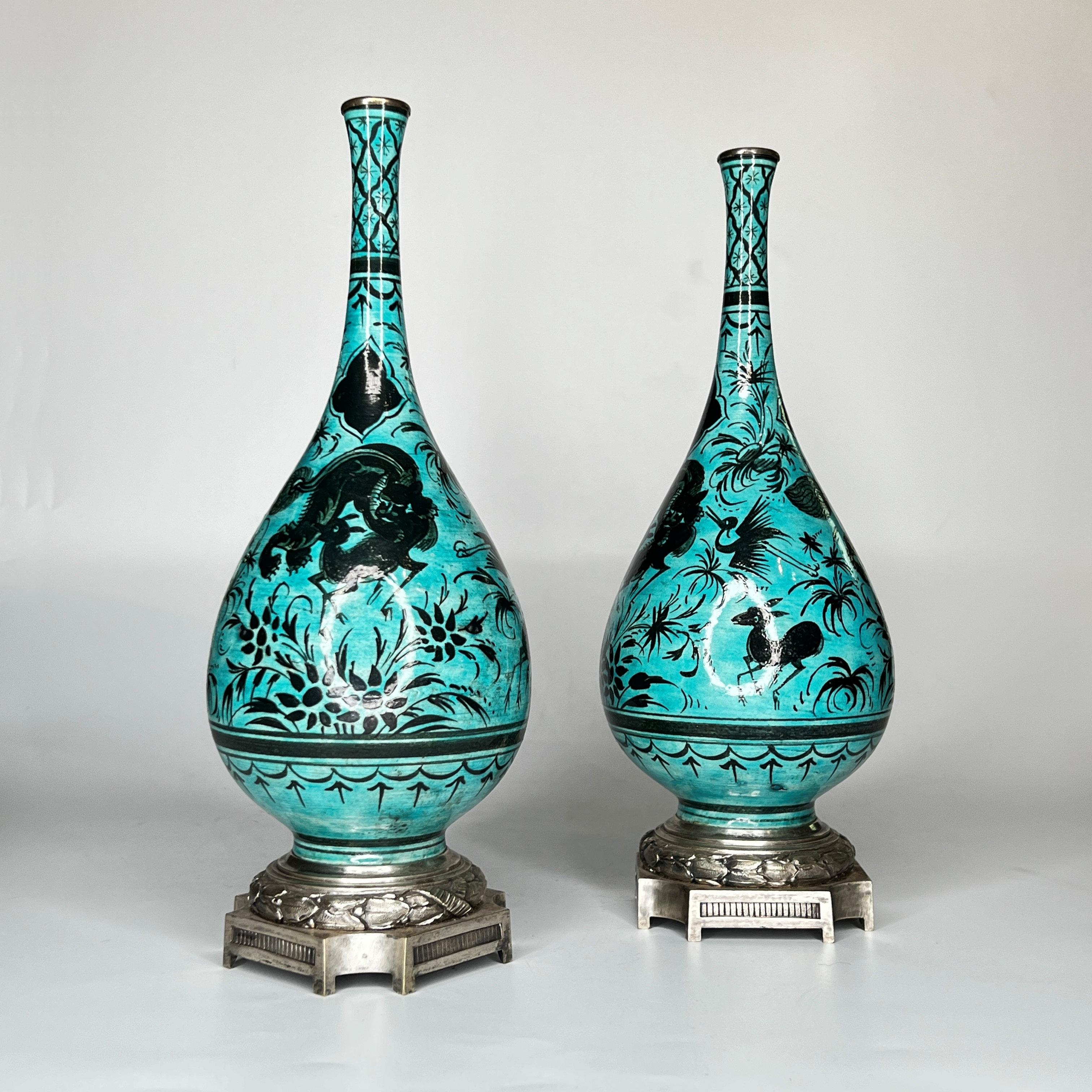 Glazed Persian Ware Ceramic Bottle Vases Attributed to Samson et Cie For Sale