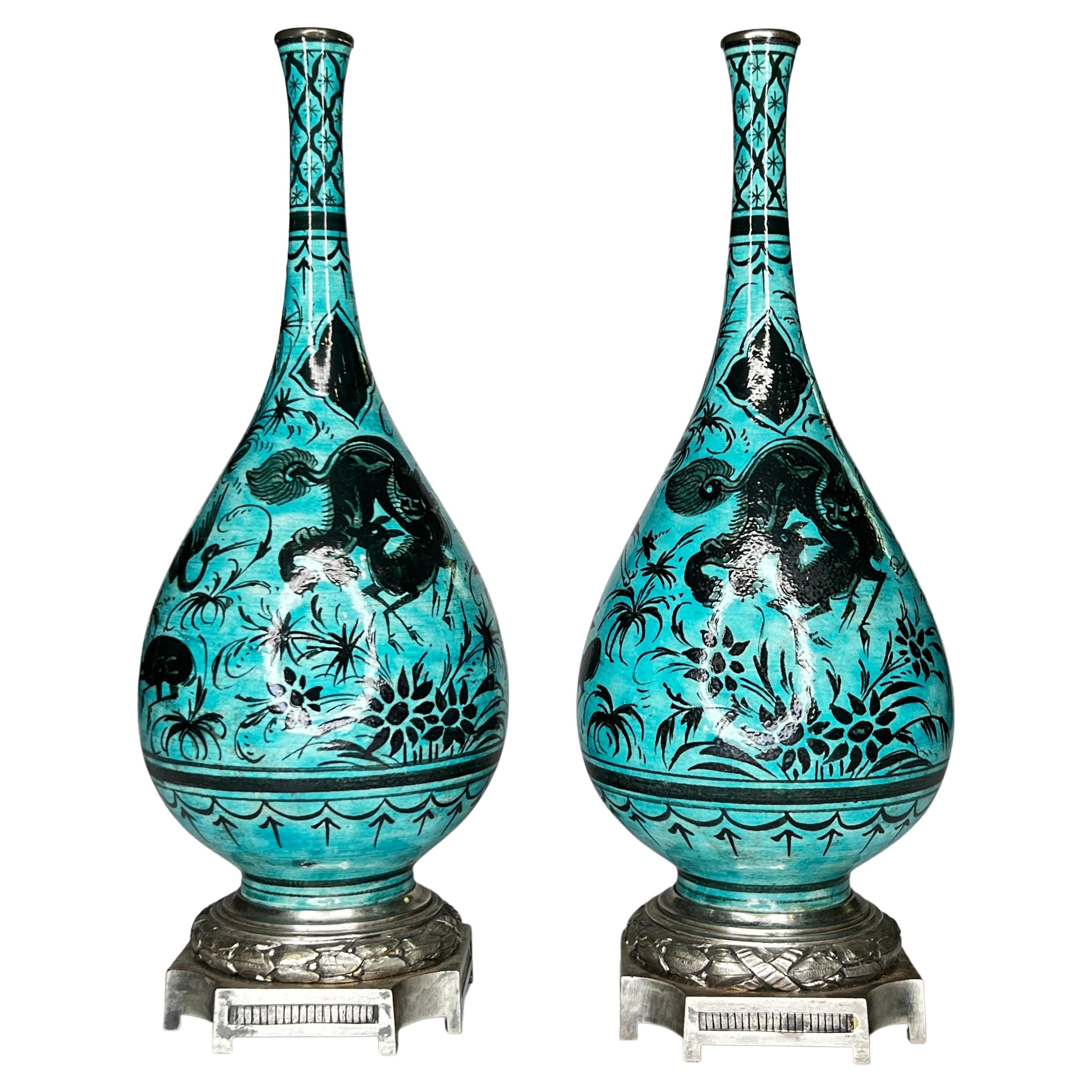 Persian Ware Ceramic Bottle Vases Attributed to Samson et Cie
