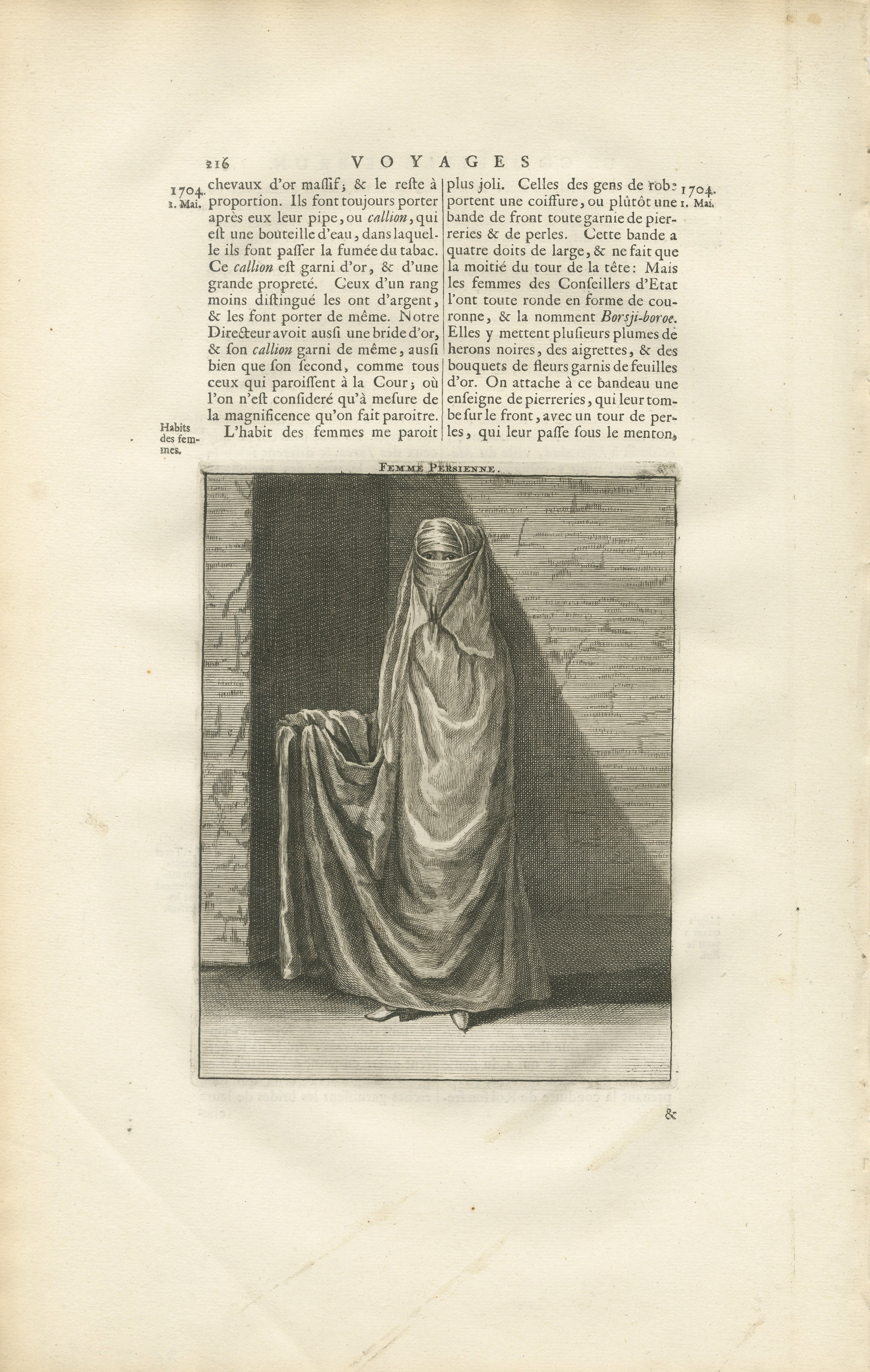 Persian Woman in Veil, Cornelis de Bruyn Travel Engraving, 1704