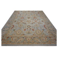 Vintage Persian Sultanabad Wool 14 x 20 Light Blue & Teal with Rust Handmade Rug