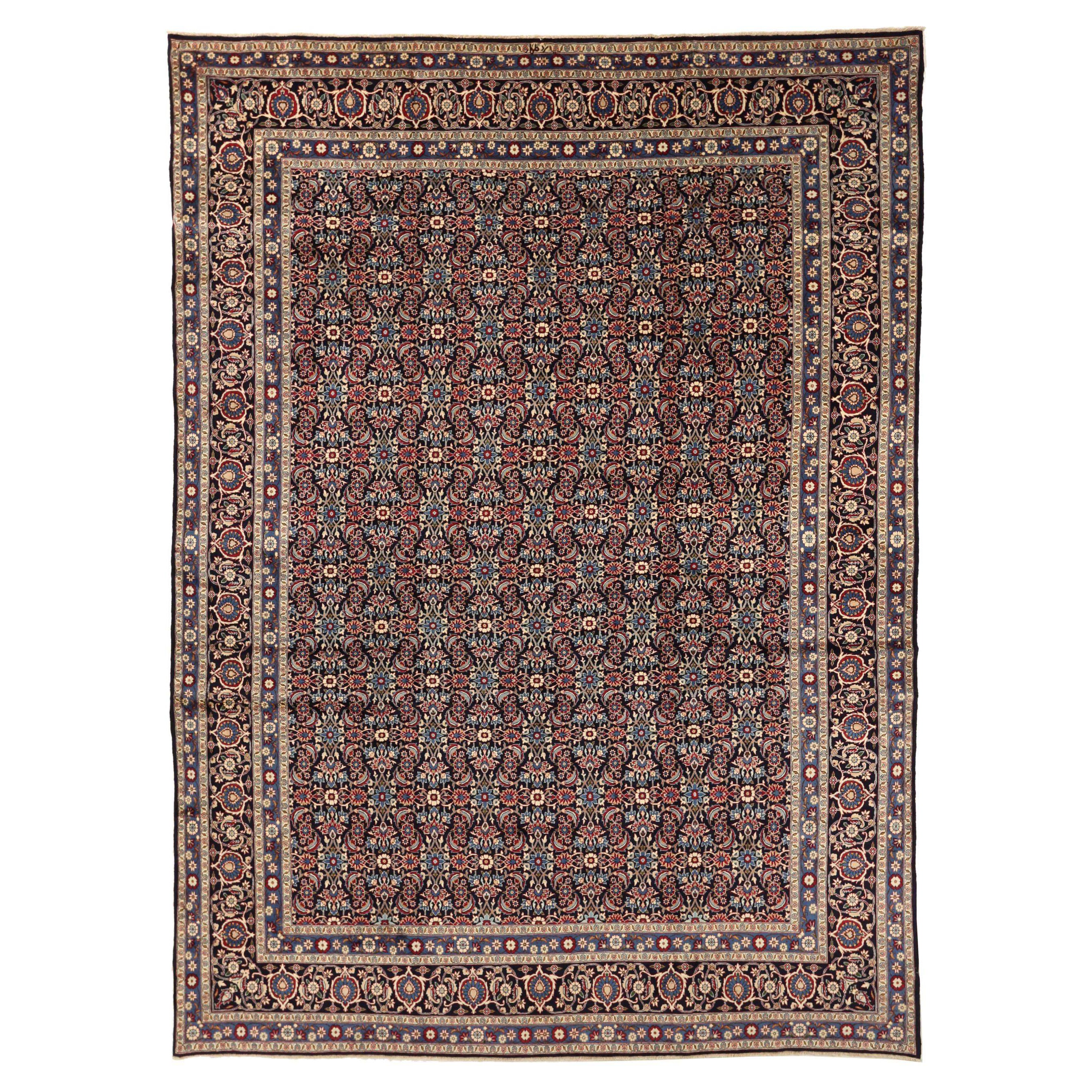 Persian Yazd Area Rugs Circa 1940 - Wool Blue Ivory Navy Blue Red Design - 75593