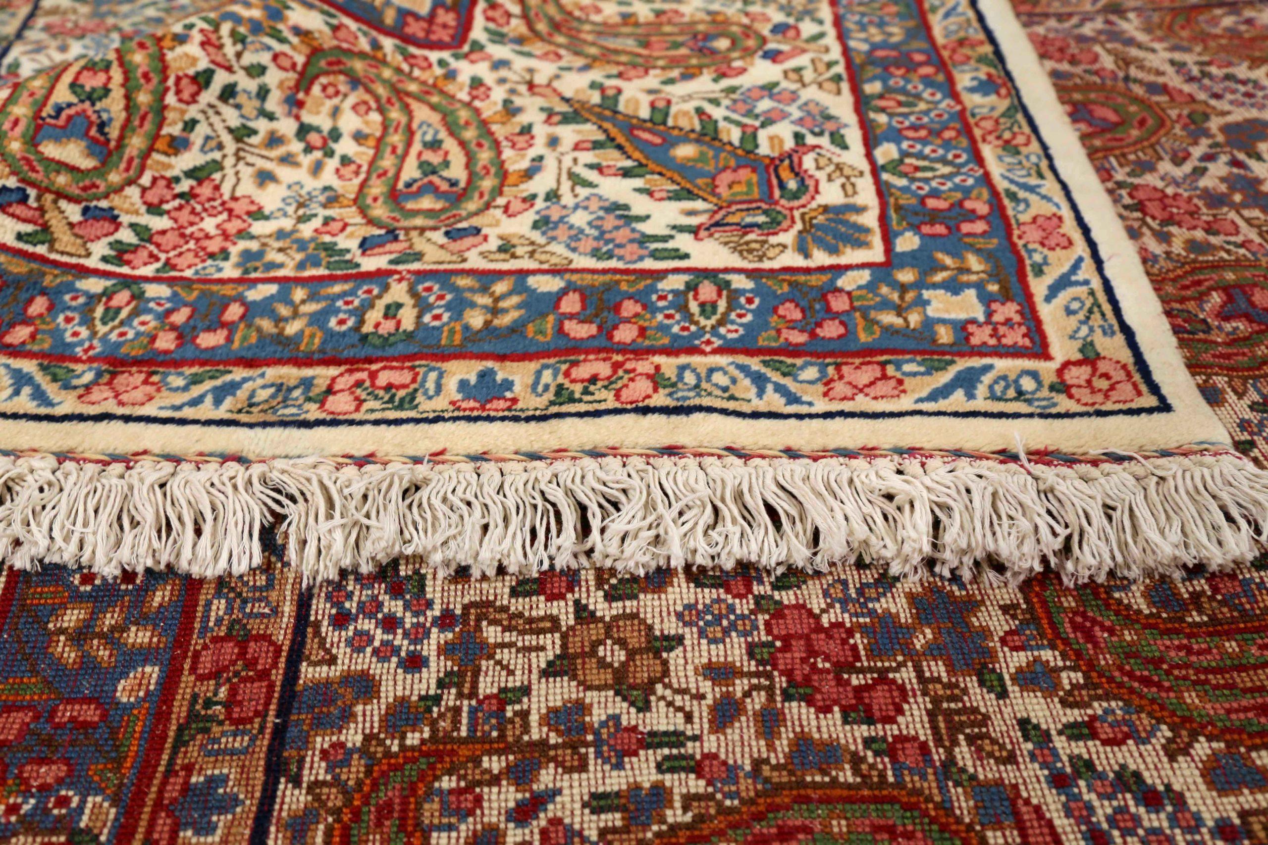 Persian Yazd Area Rugs Circa 1940 - Wool Ivory Navy Blue Red Design - 75301 In Excellent Condition For Sale In Dallas, TX
