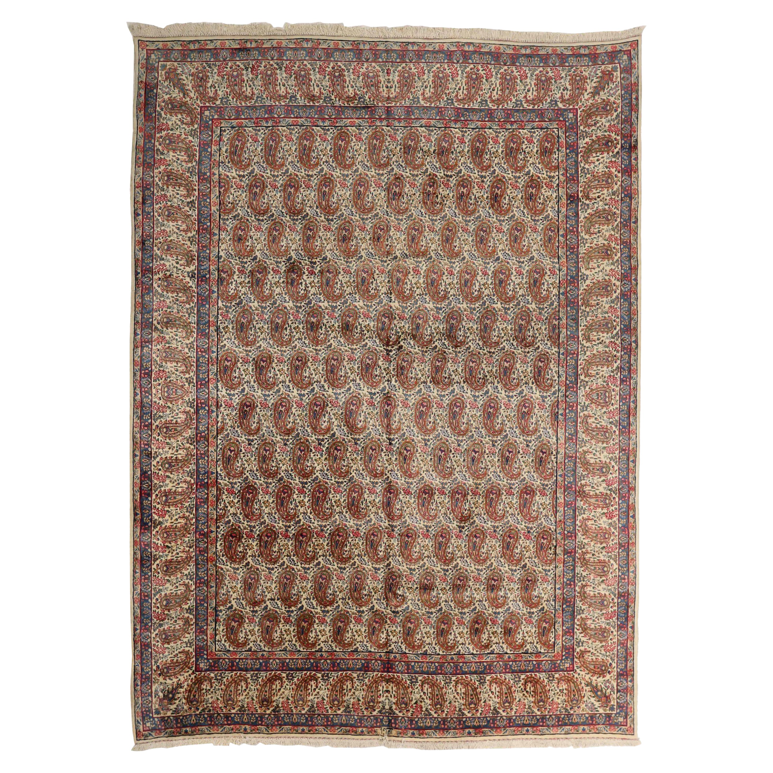 Persian Yazd Area Rugs Circa 1940 - Wool Ivory Navy Blue Red Design - 75301 For Sale