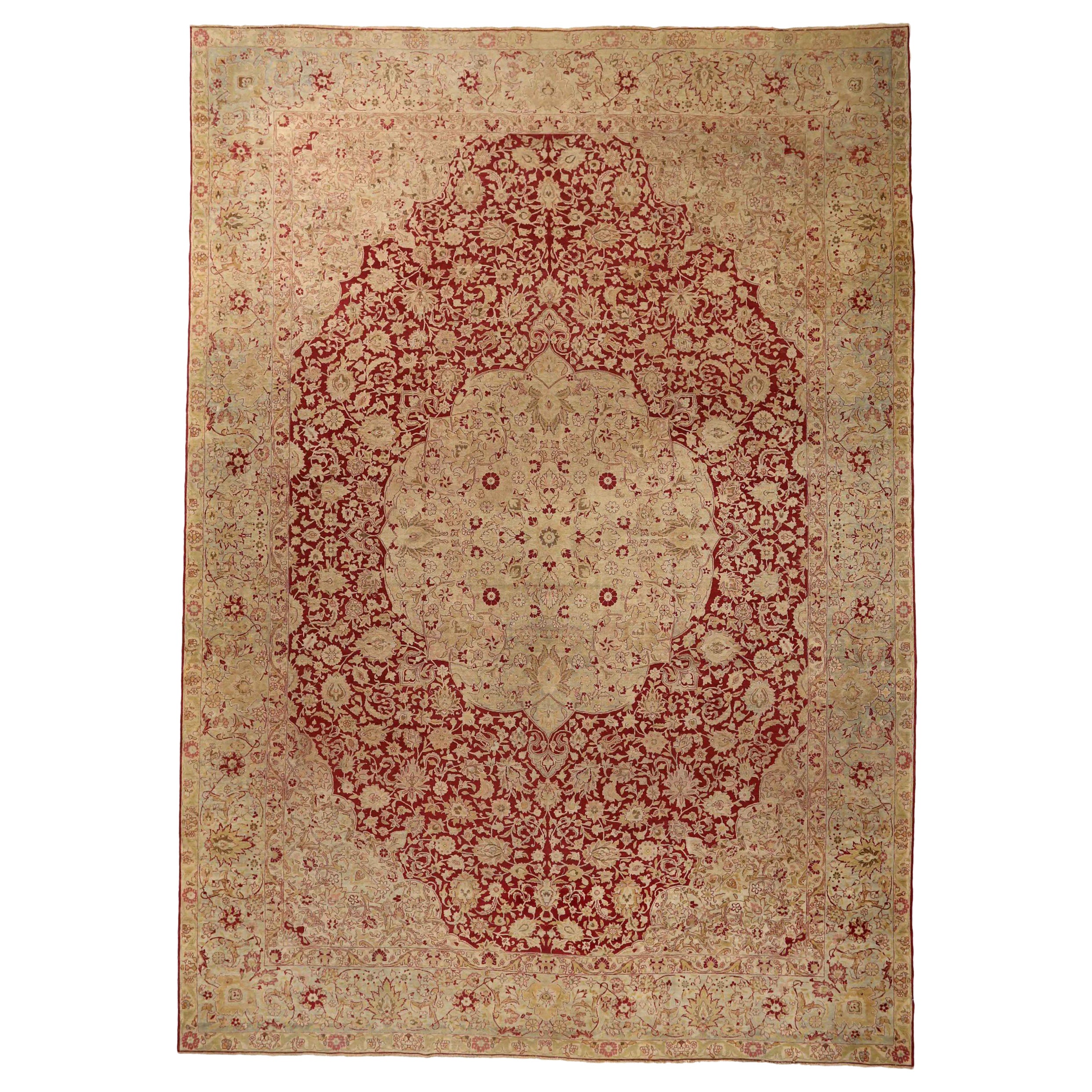 Tappeto persiano Yazd Over Size, circa 1910 - Lana Verde Avorio Rosso 73838