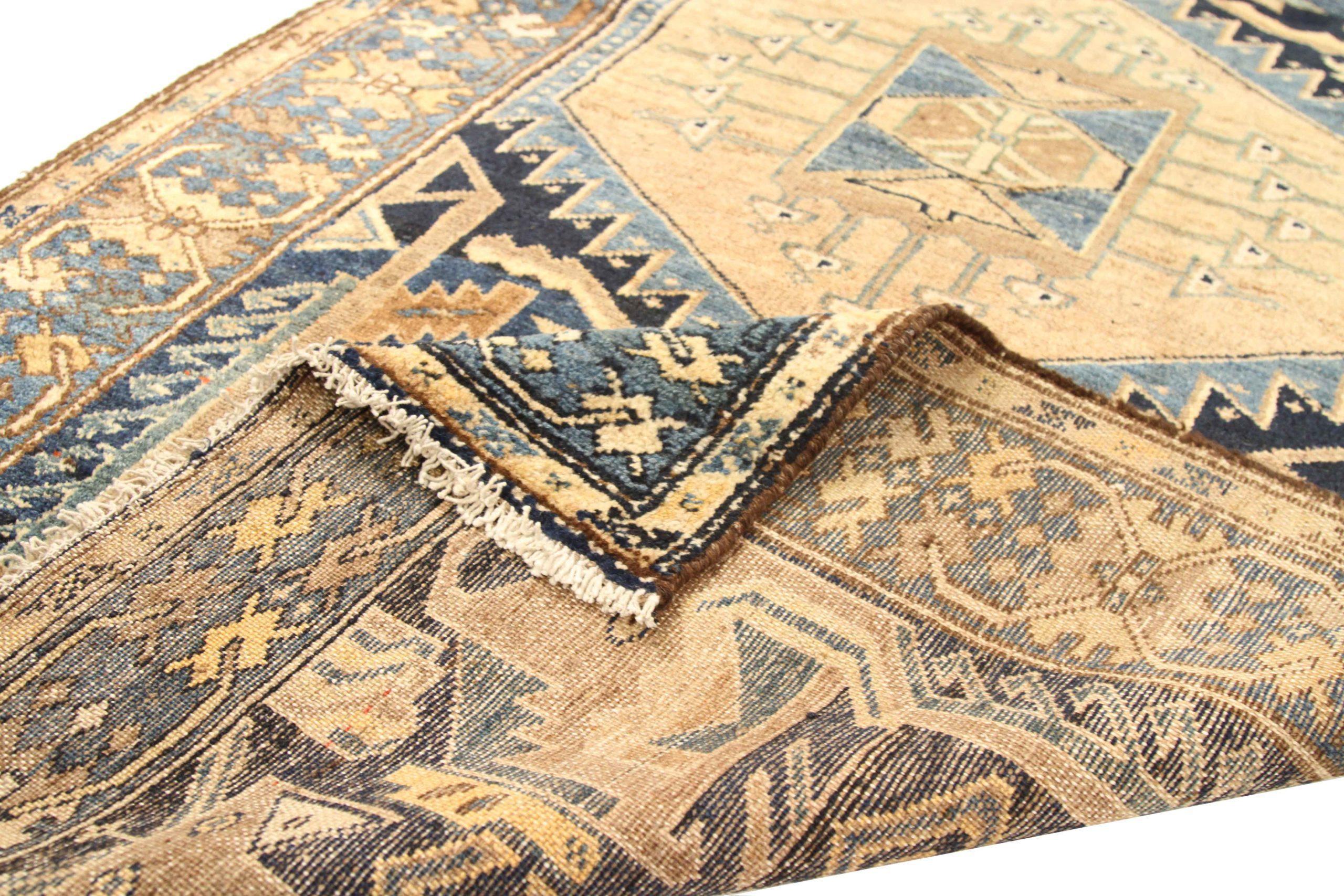Asian Persian Zanjan Small Rug - Wool Blue Red Taupe Design - 75157 For Sale