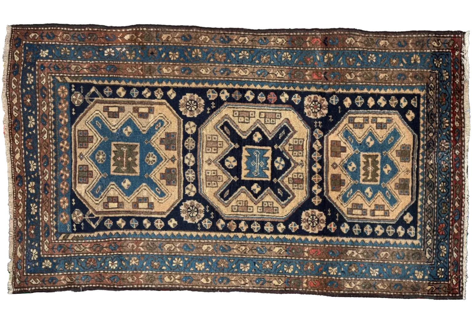 Alfombra Persa Zanjan Pequeña - Lana Negro Azul Marfil 71292 Tribal en venta
