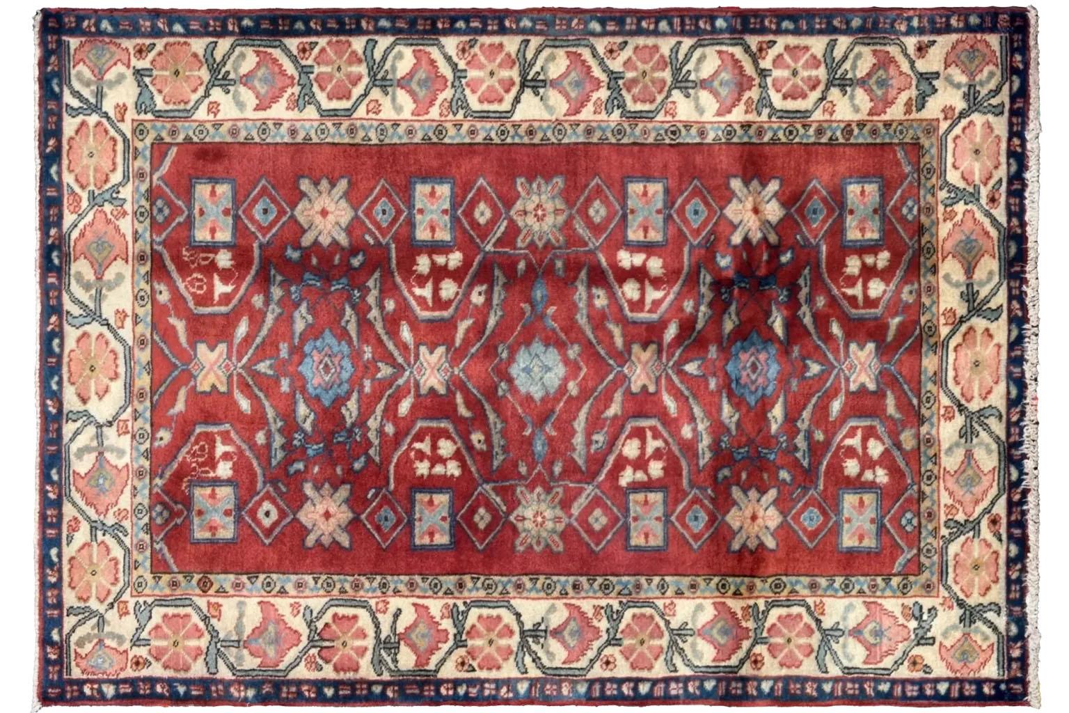 Tribal Persian Zanjan Small Rug - Wool Blue Ivory Red For Sale