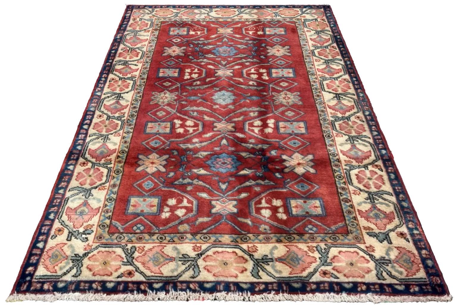 Hand-Woven Persian Zanjan Small Rug - Wool Blue Ivory Red For Sale