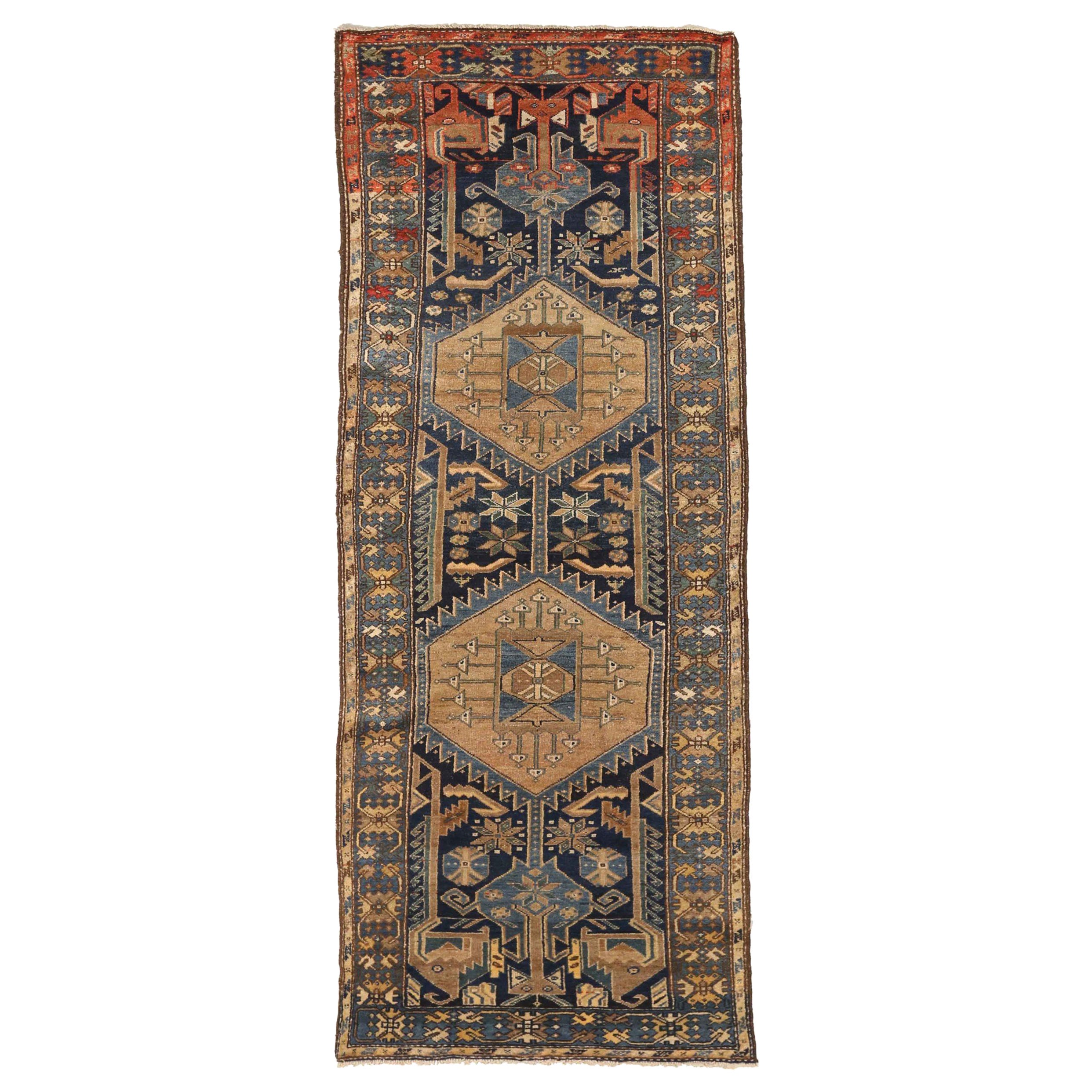 Persian Zanjan Small Rug - Wool Blue Red Taupe Design - 75157 For Sale
