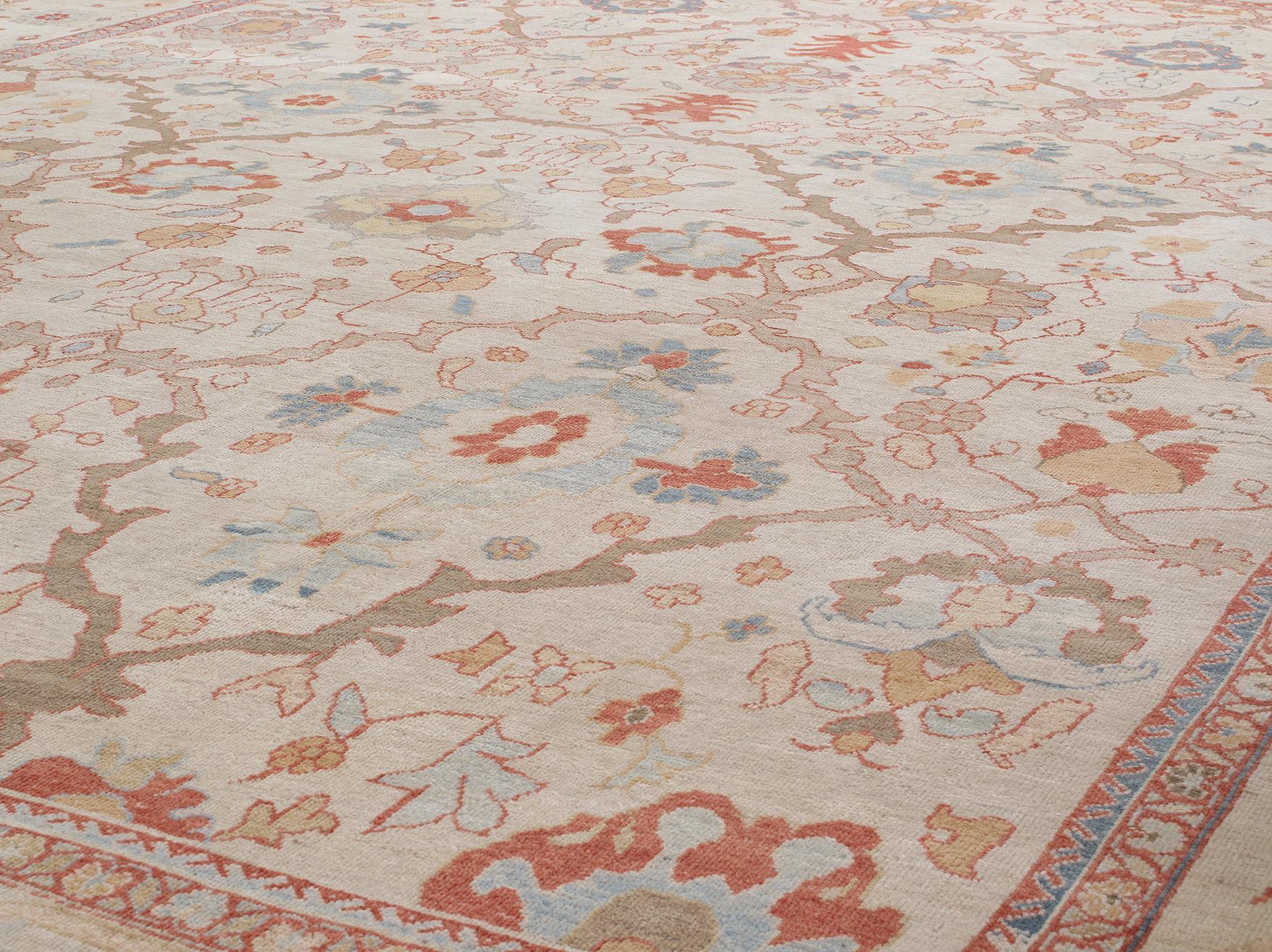 Made in Iran, this rug relates to the Zieglar Sultanabad collection, in 1875 the Anglo-Swiss company, Zieglar and Co. produced carpets in the Western region of Persia. They married tradition with innovation by employing designers from New York and