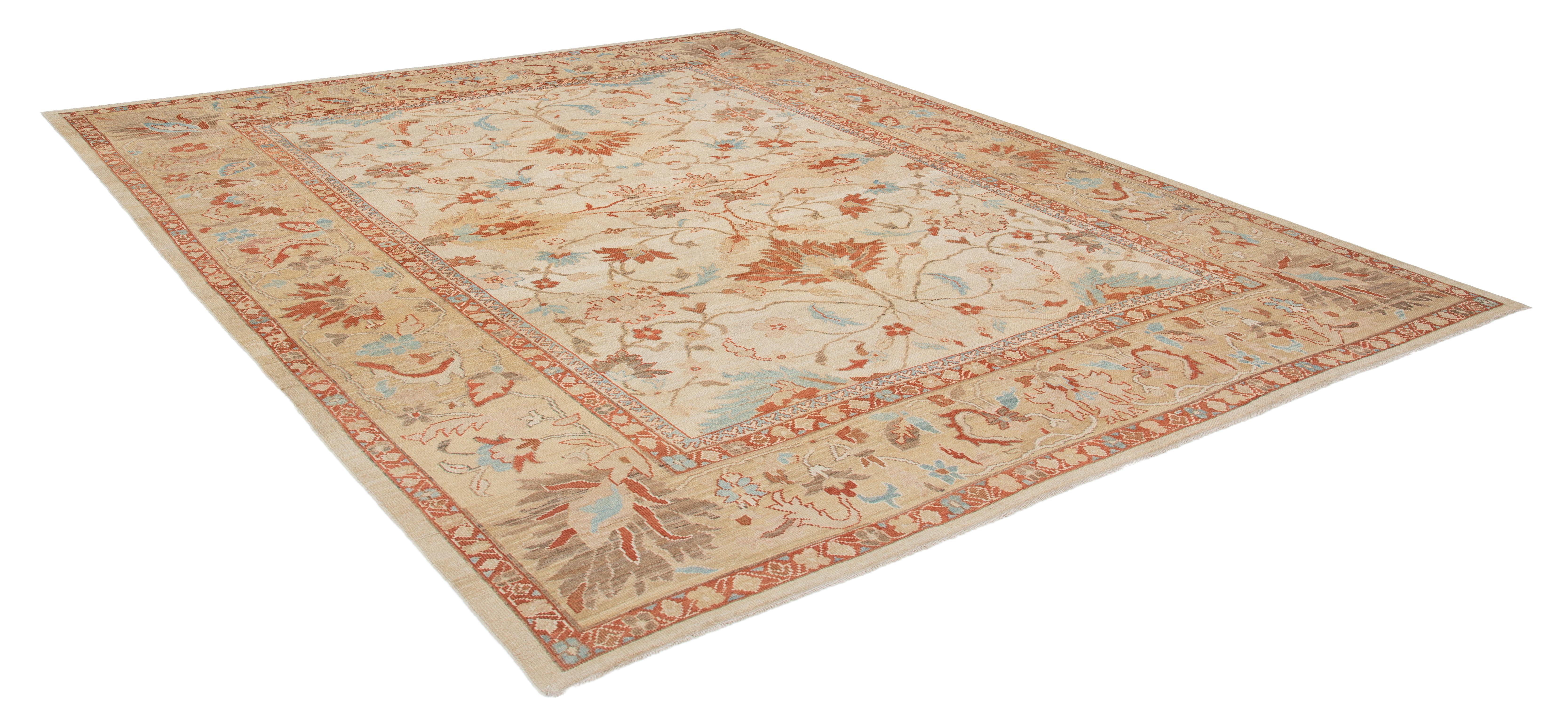 Wool Persian Ziegler Sultanabad Hand Knotted Rug in Ivory and Gold Tones For Sale