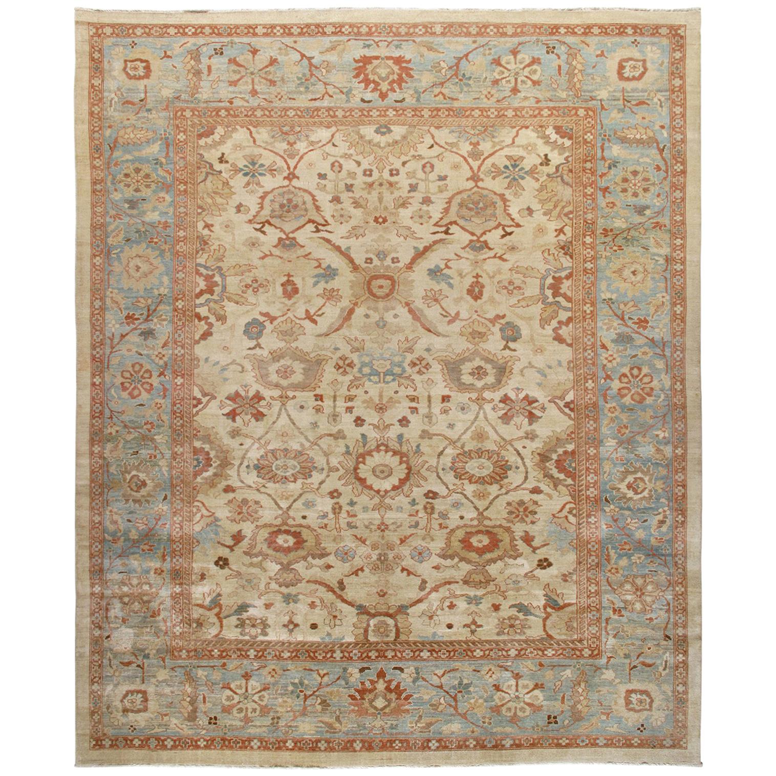 Persian Ziegler Sultanabad Hand Knotted Rug in Pale Blue and Rust Color For Sale