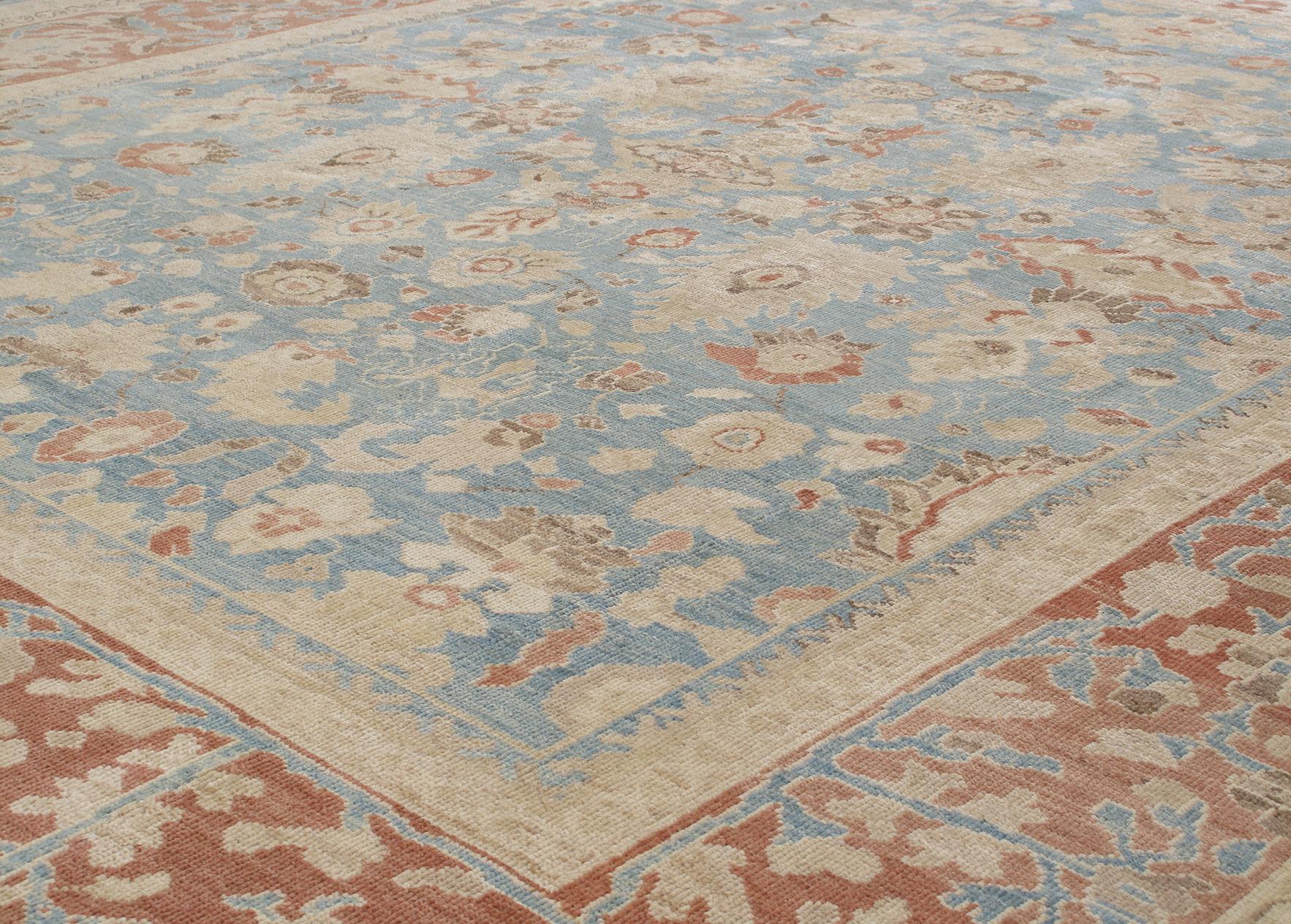 Made in Iran, this rug relates to the Zieglar Sultanabad collection: in 1875 the Anglo-Swiss company, Zieglar and Co. produced carpets in the Western region of Persia. They married tradition with innovation by employing designers from New York and