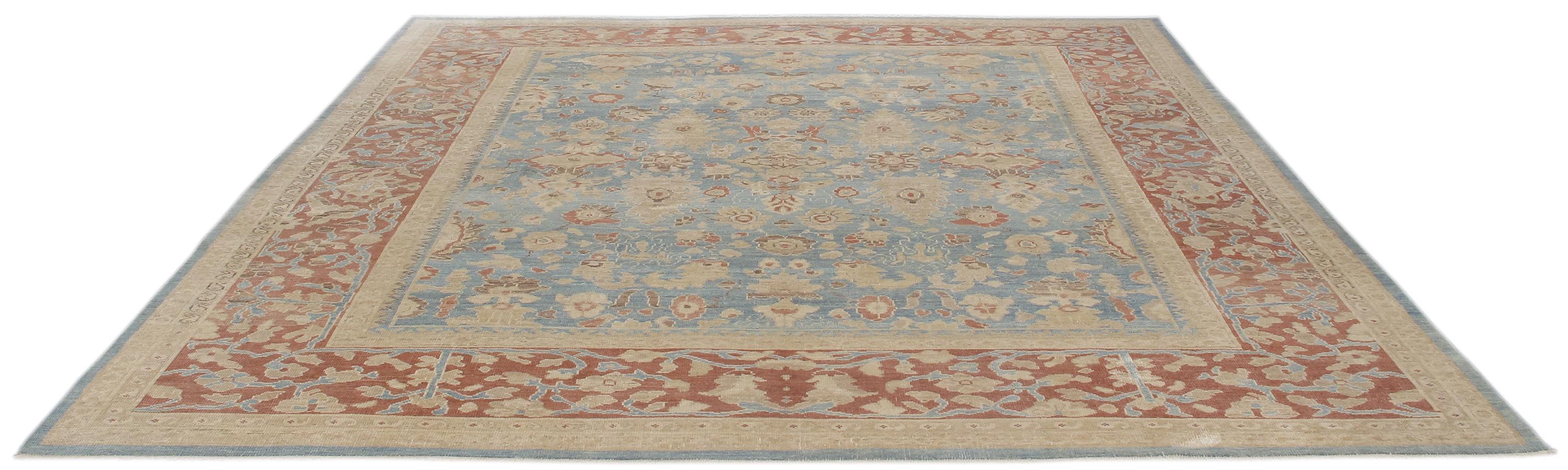 Hand-Knotted Persian Ziegler Sultanabad Hand Knotted Rug in Pale Blue and Rust Color For Sale