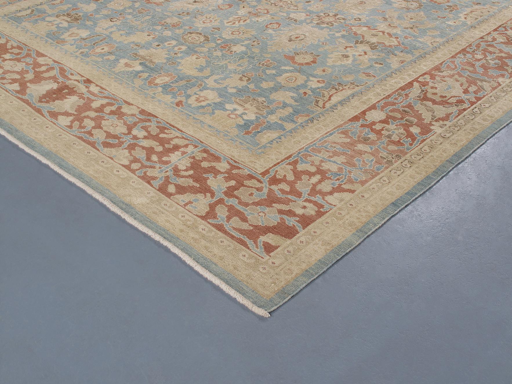 Contemporary Persian Ziegler Sultanabad Hand Knotted Rug in Pale Blue and Rust Color For Sale