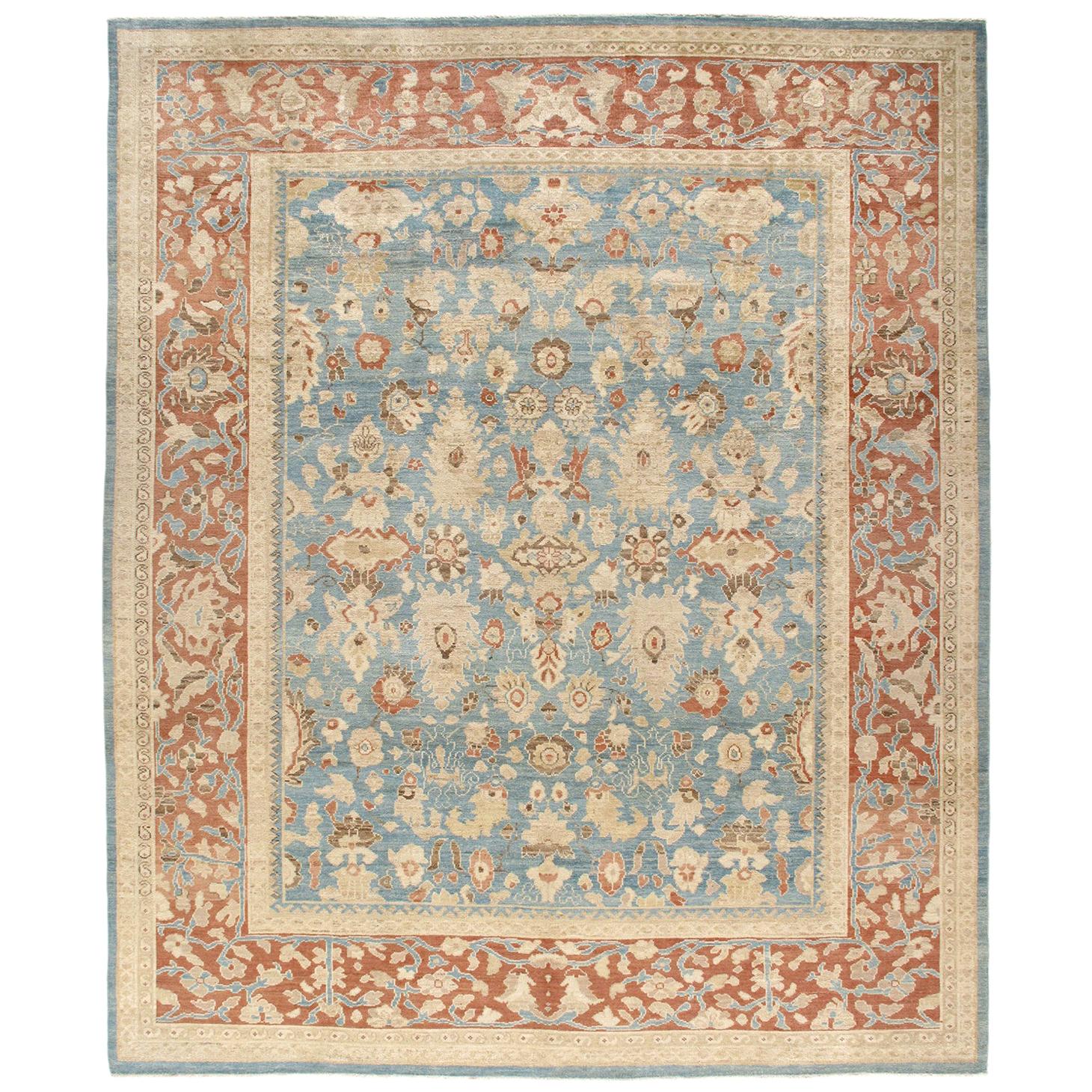 Persian Ziegler Sultanabad Hand Knotted Rug in Pale Blue and Rust Color For Sale