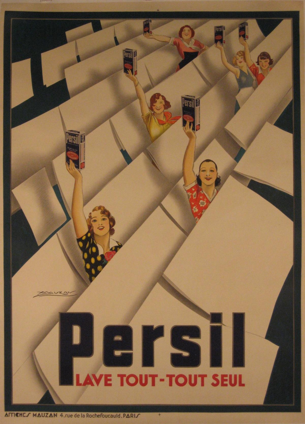 Artist: Luciano Achille Mauzan  (French, 1883 – 1952)

Date of Origin: 1935

Medium: Original Stone Lithograph Vintage Poster

Size: 45” x 61”

 

This large poster is, in fact, the smallest of three formats for Persil featuring the artwork of