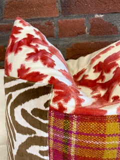 Persimmon Accent Pillow with Plaid and Cream Linen Back
