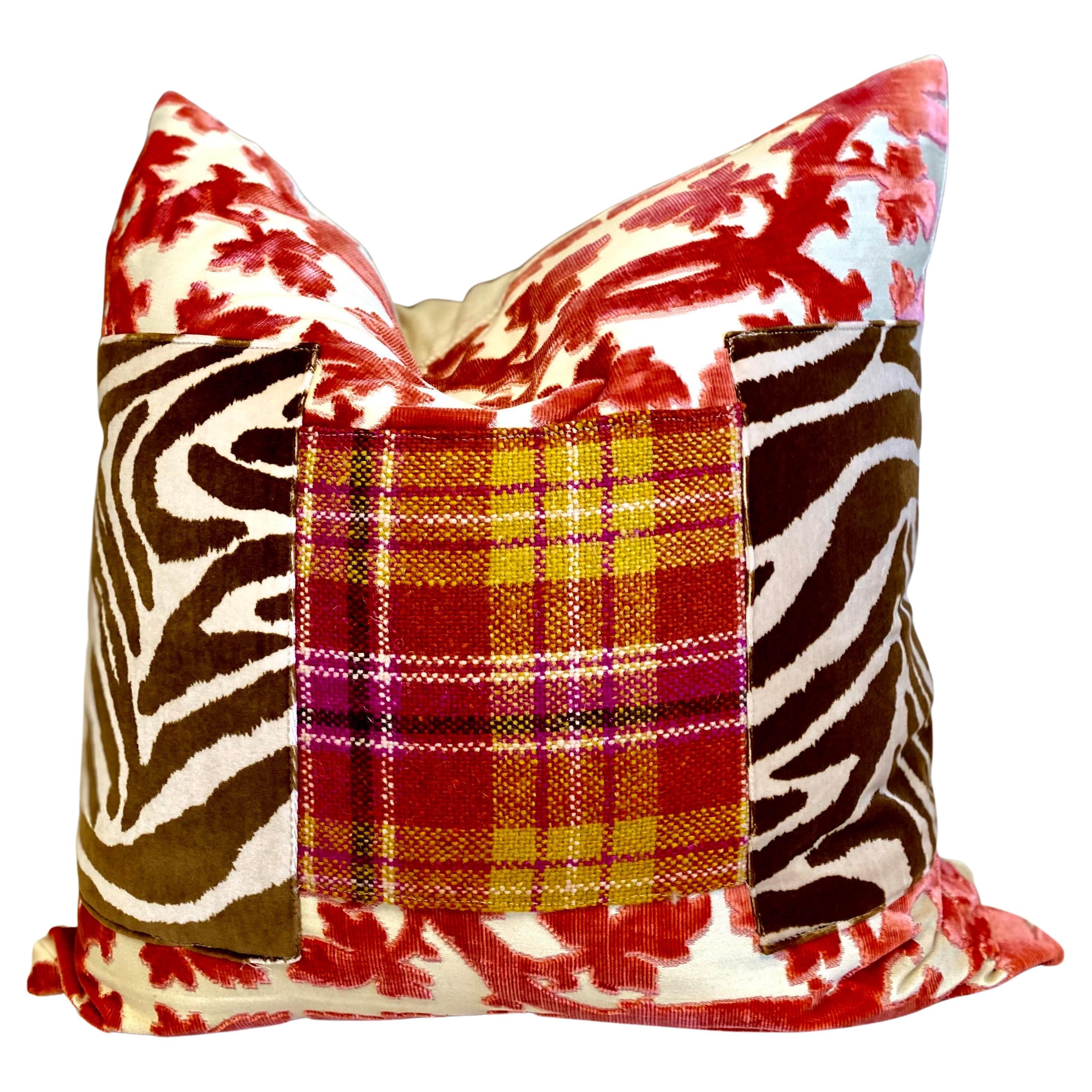 Persimmon Accent Pillow with Plaid and Cream Linen Back For Sale at 1stDibs