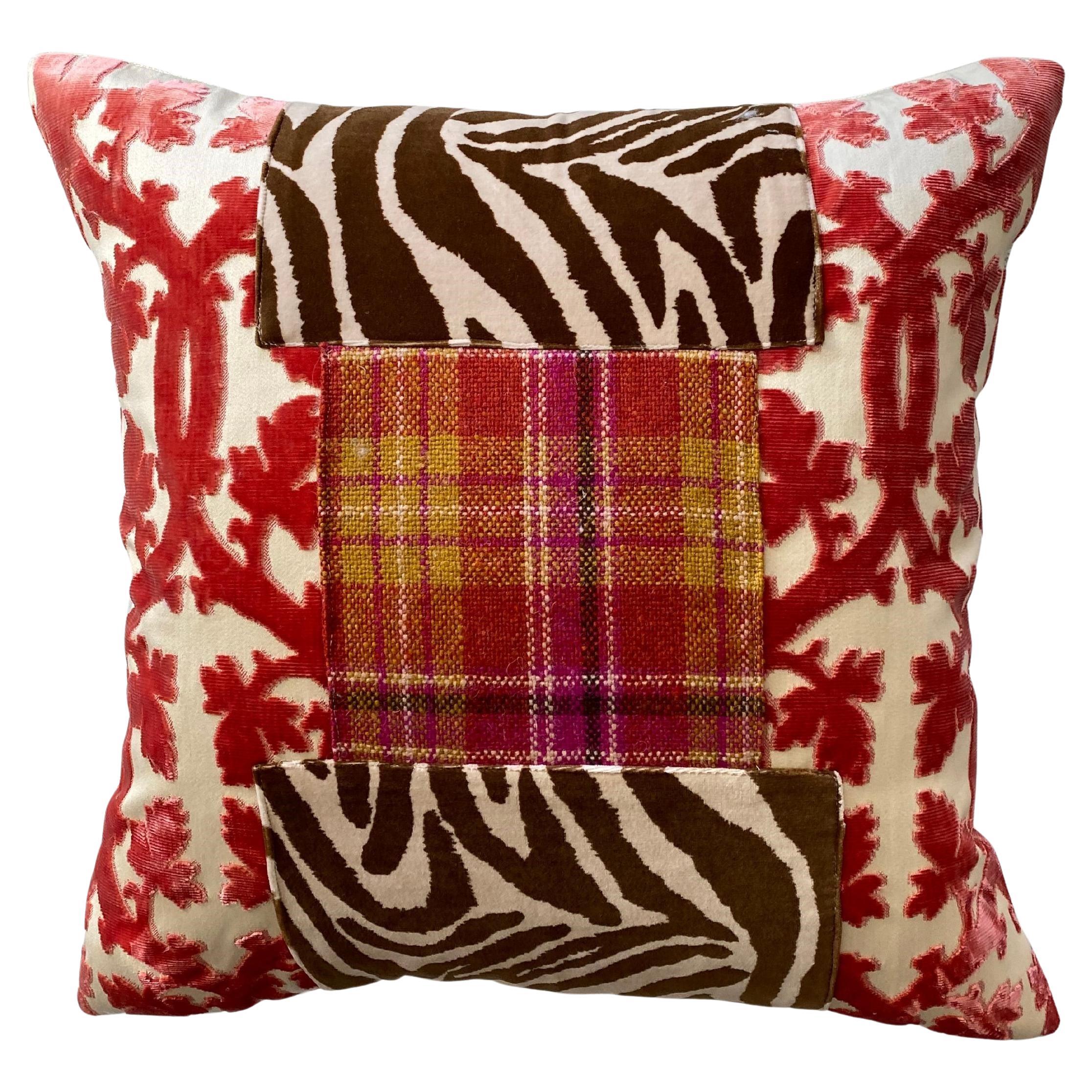 Persimmon Accent Pillow with Plaid and Cream Linen Back For Sale