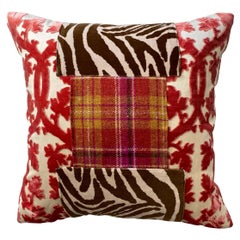 Persimmon Accent Pillow with Plaid and Cream Linen Back