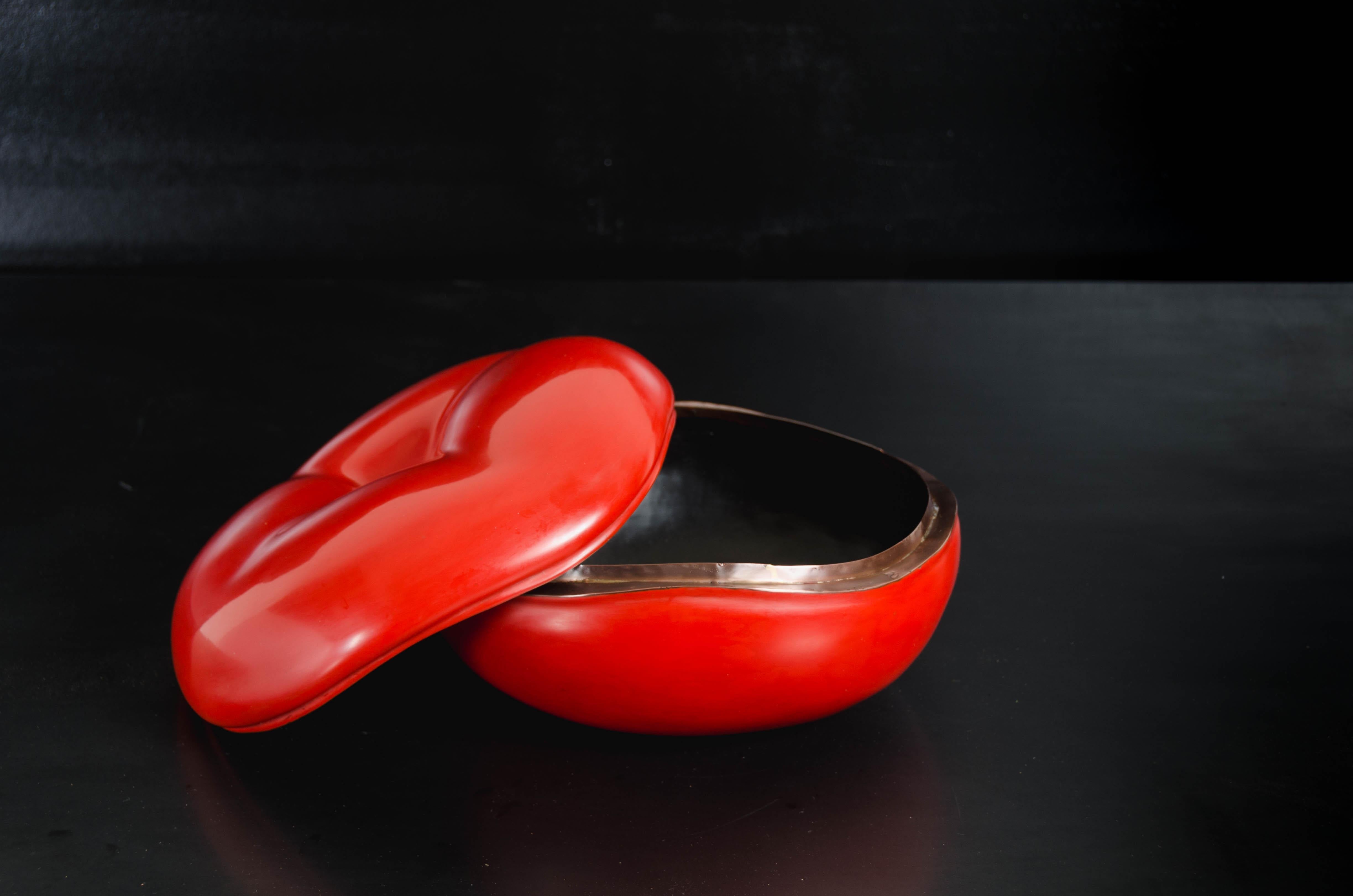 Persimmon Box, Red Lacquer by Robert Kuo, Hand Repousse, Limited Edition In New Condition For Sale In Los Angeles, CA