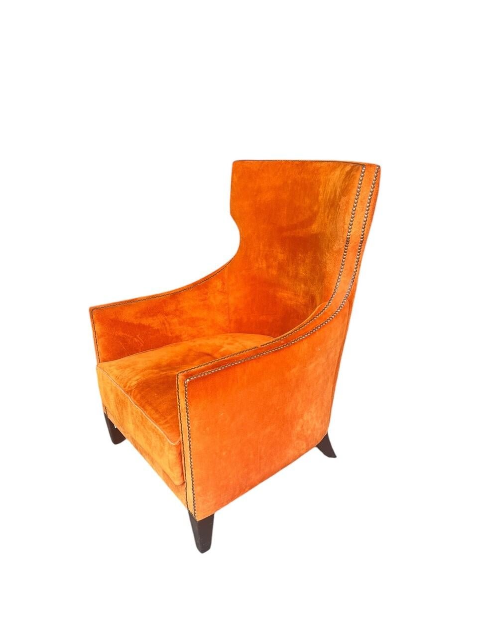 Persimmon Suede Leather Classic Armchair with nail head trim
(missing one nail)